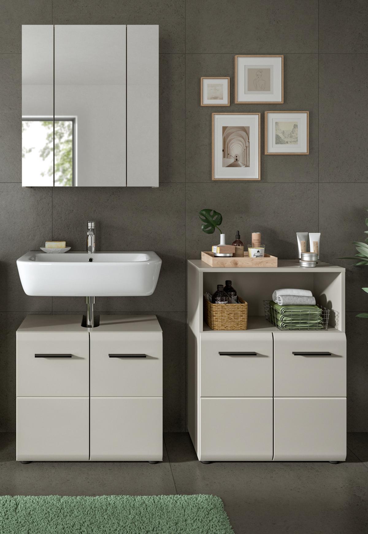 BADMÖBEL-SET Kaschmir 135 cm 3-teilig, Badezimmer Schränke in modernem Design - Kaschmir/Schwarz, Glas/Holzwerkstoff (135/185/30cm) - Inn.Furn