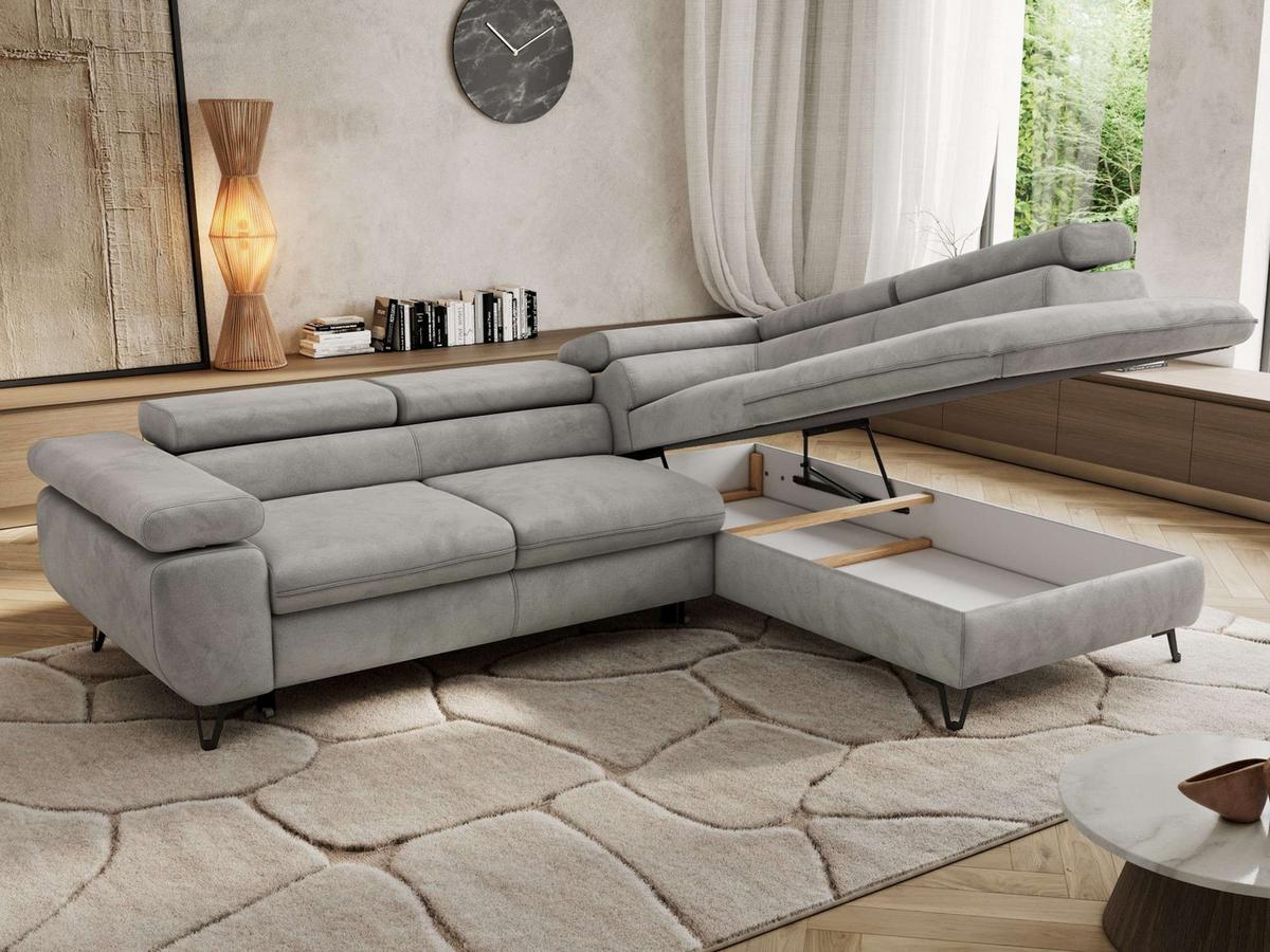 ECKSOFA PABLO L Hellgrau Velvet - Rechts Seite mit T25 Topper - Hellgrau/Schwarz, Textil/Metall (273/208cm) - MKS