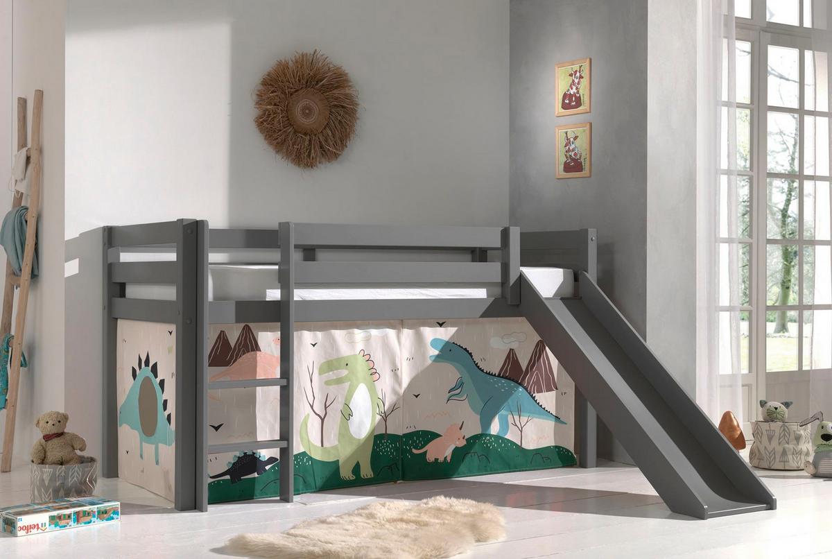HOCHBETT mit Rutsche Karolina Massivholz Grau Textilset Dino - Mauve/Grau, Holz (90/200cm) - 58aufmkessel
