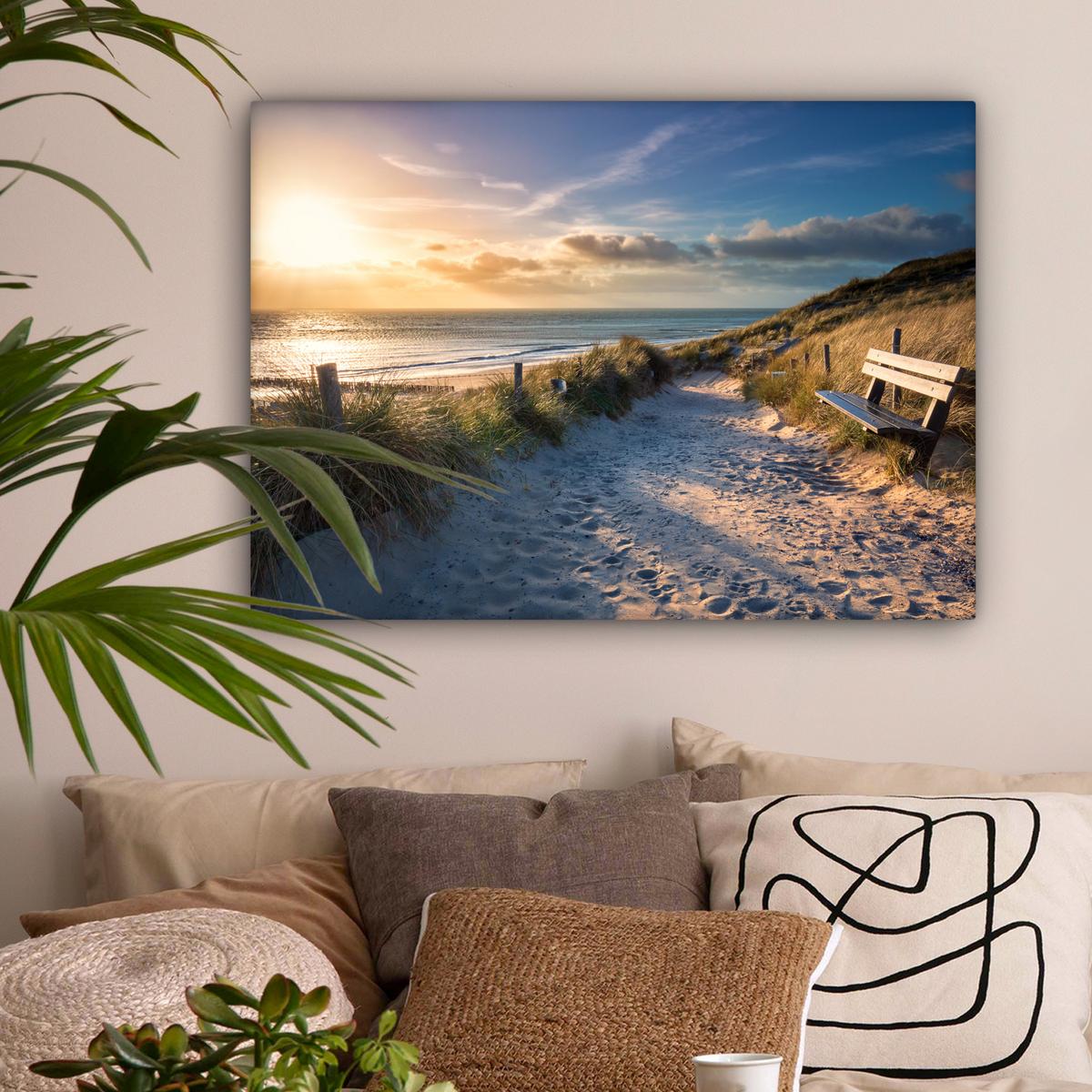 LEINWANDBILD Sonnenuntergang - Strand - Düne - Gras - Ufer Wandbilder 80x60 cm - Sandfarben, Textil (80/60cm) - MuchoWow