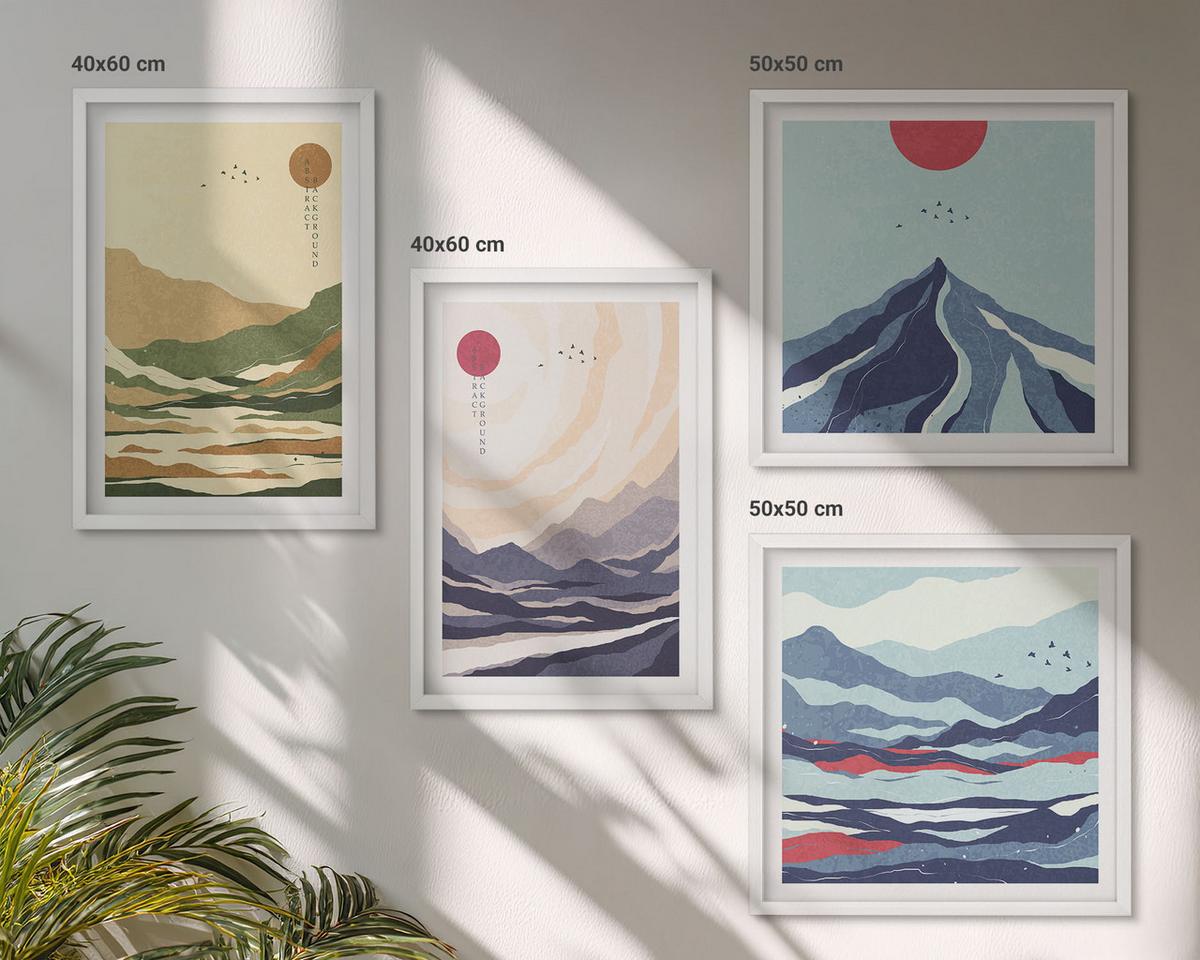 BILDER SET 4er Set - 50x50 cm & 40x60 cm Weißer Rahmen - Pastellfarbene Berge im Japandi-Stil - Weiß, Kunststoff (50/50cm) - TULUP