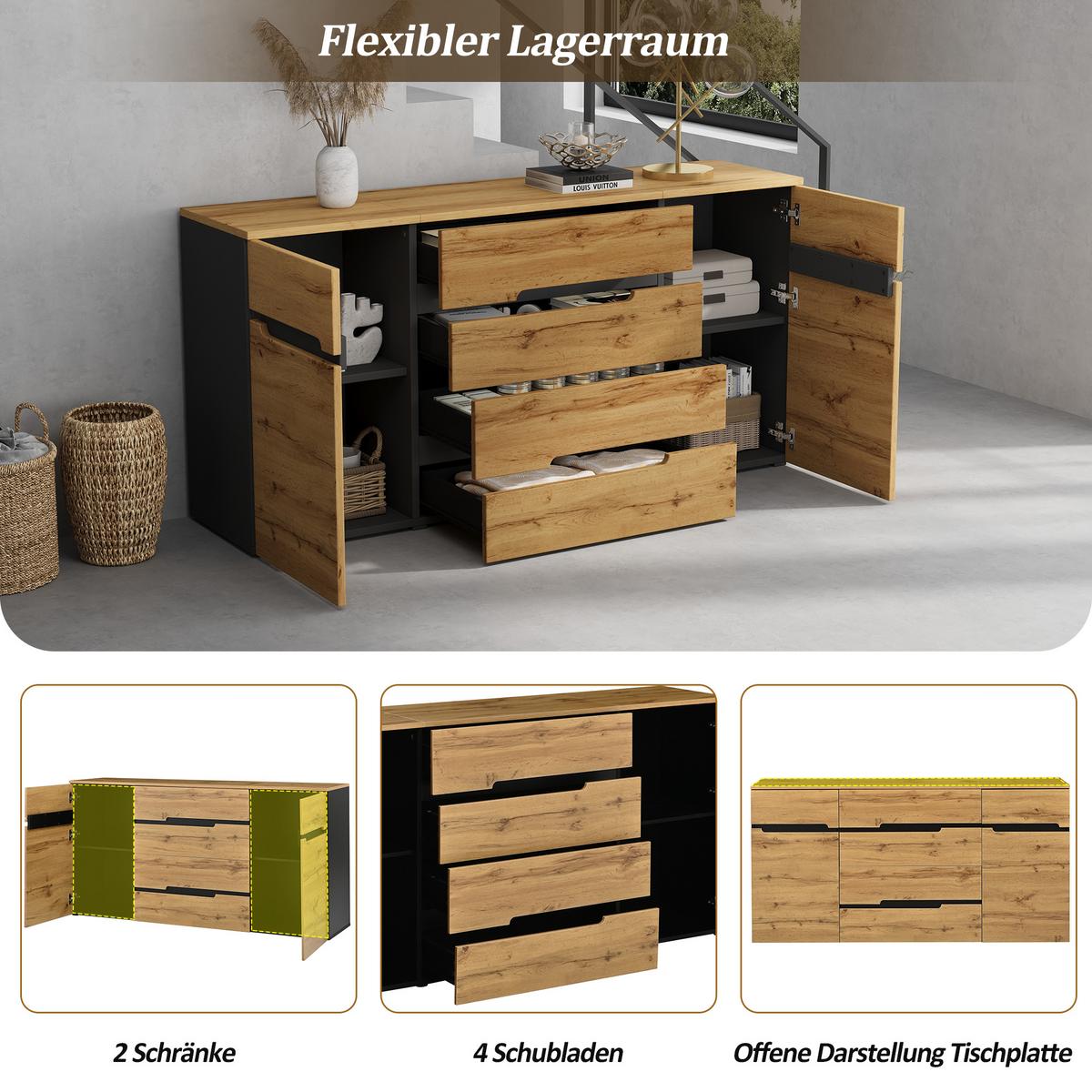 SIDEBOARD 160x80 cm in Holzoptik & Schwarz - Sonoma Eiche, Holzwerkstoff (160/80/40cm) - Urban Meuble