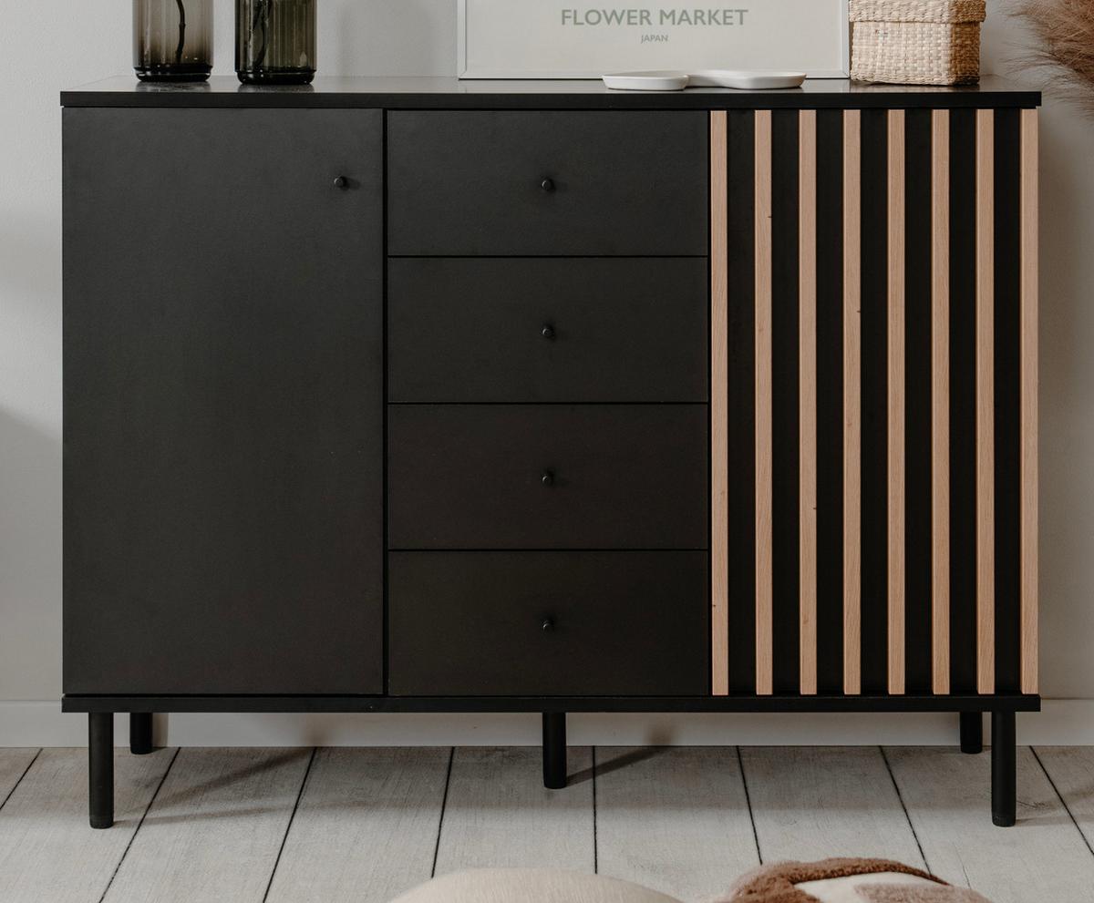 KOMMODE schwarz, Eiche Artisan 118, Sideboard mit viel Stauraum - Schwarz/Eiche Artisan, Holzwerkstoff/Metall (118/90/40cm) - Furn.Design