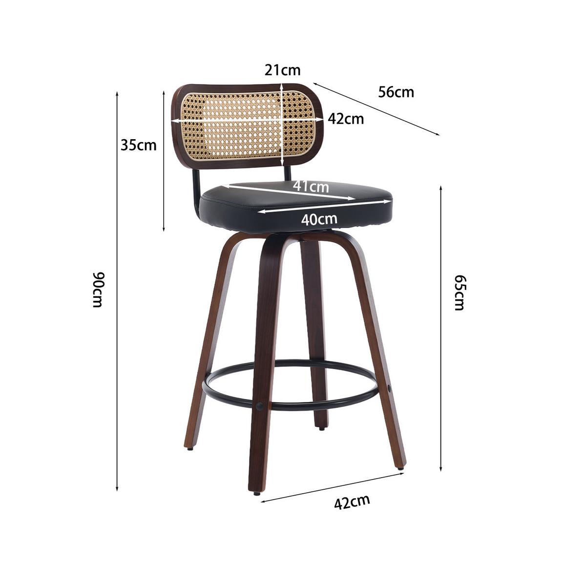 BARHOCKER SET 2 STK. 90 cm Walnuss & Schwarz Drehbare Rattan Barstühle mit Polstersitz - Schwarz, Leder (56/90/43cm) - Urban Meuble