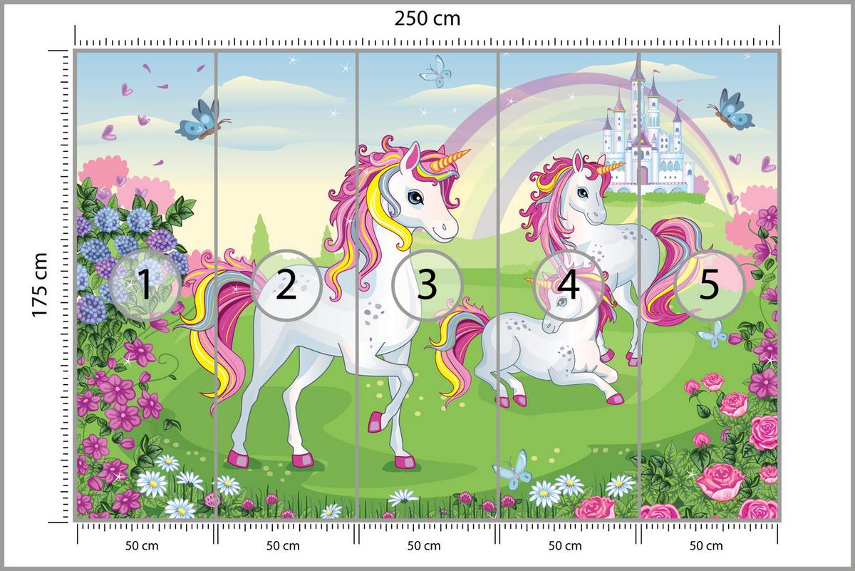 FOTOTAPETE für Kinderzimmer Einhorn Schloss Blumen Märchen 250x175 - Gelb/Violett, Papier (250/175cm) - Muralo
