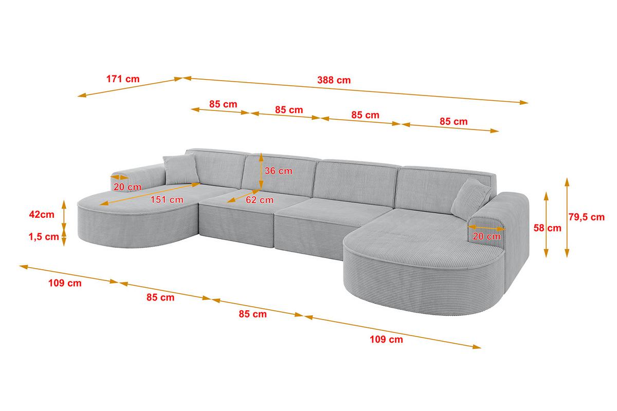 WOHNLANDSCHAFT MARI-U2 - 388x171x79 cm Grau Cord - Schwarz/Grau, Holzwerkstoff/Kunststoff (388/79/171cm) - ALTDECOR