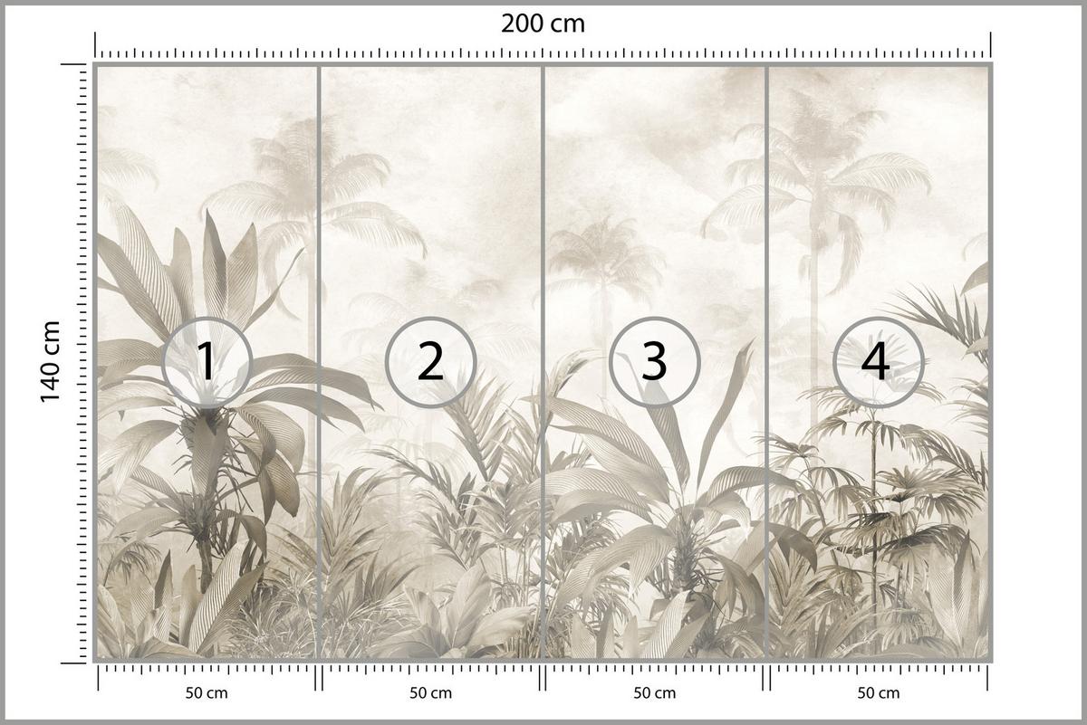 FOTOTAPETE für Wohnzimmer Vintage Tropischer Wald Palmen Blätter 200x140 - Beige/Grau, Papier (200/140cm) - Muralo