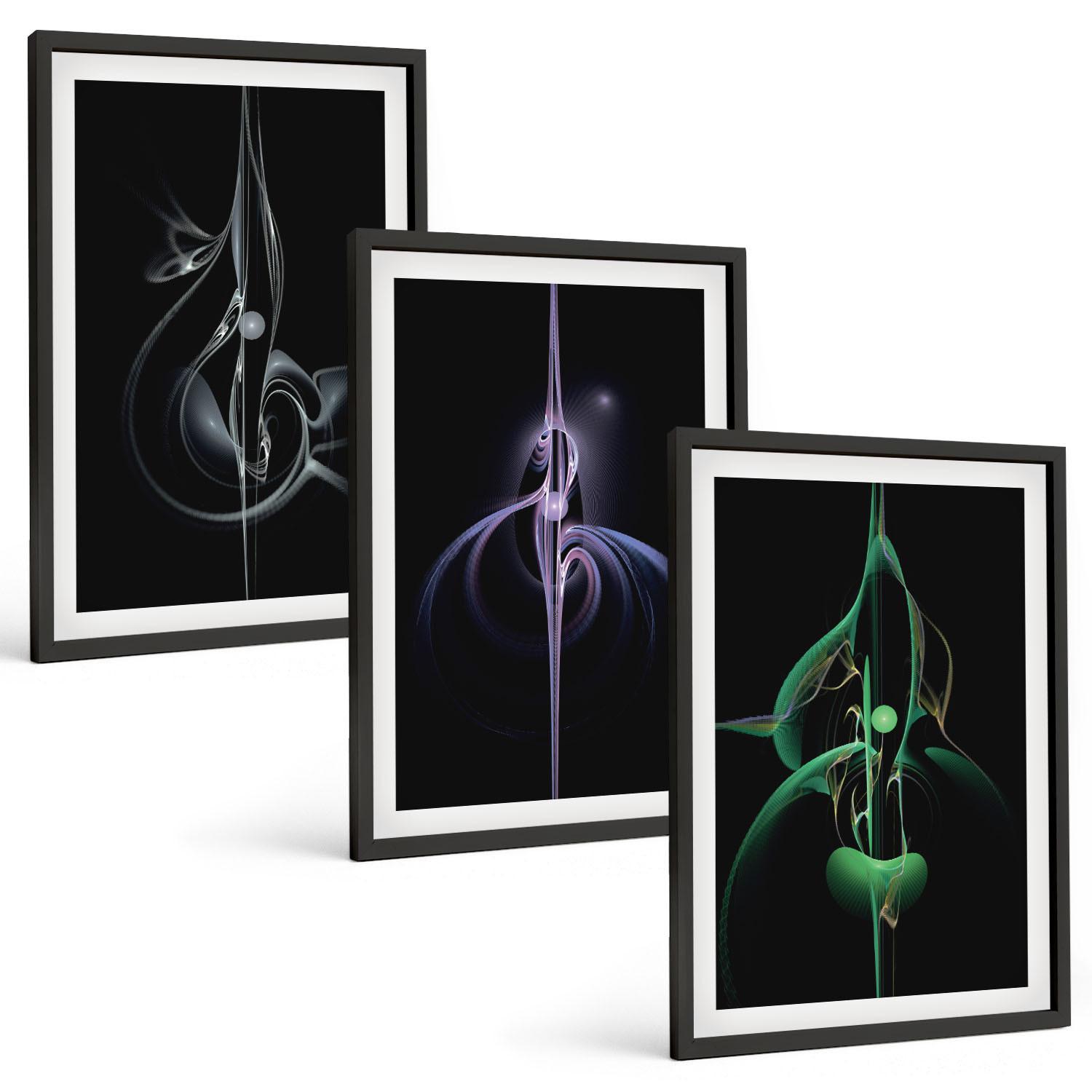 BILDER SET 3er Set - 40x60 cm Schwarzer Rahmen - Abstrakte schwarze Farbmuster - Schwarz, Kunststoff (40/60cm) - TULUP