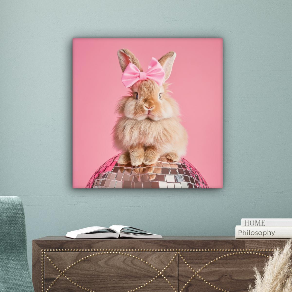 LEINWANDBILD Schleife - Discoball - Kaninchen Wandbild Wohnzimmer 50x50 cm - Pink, Textil (50/50cm) - MuchoWow