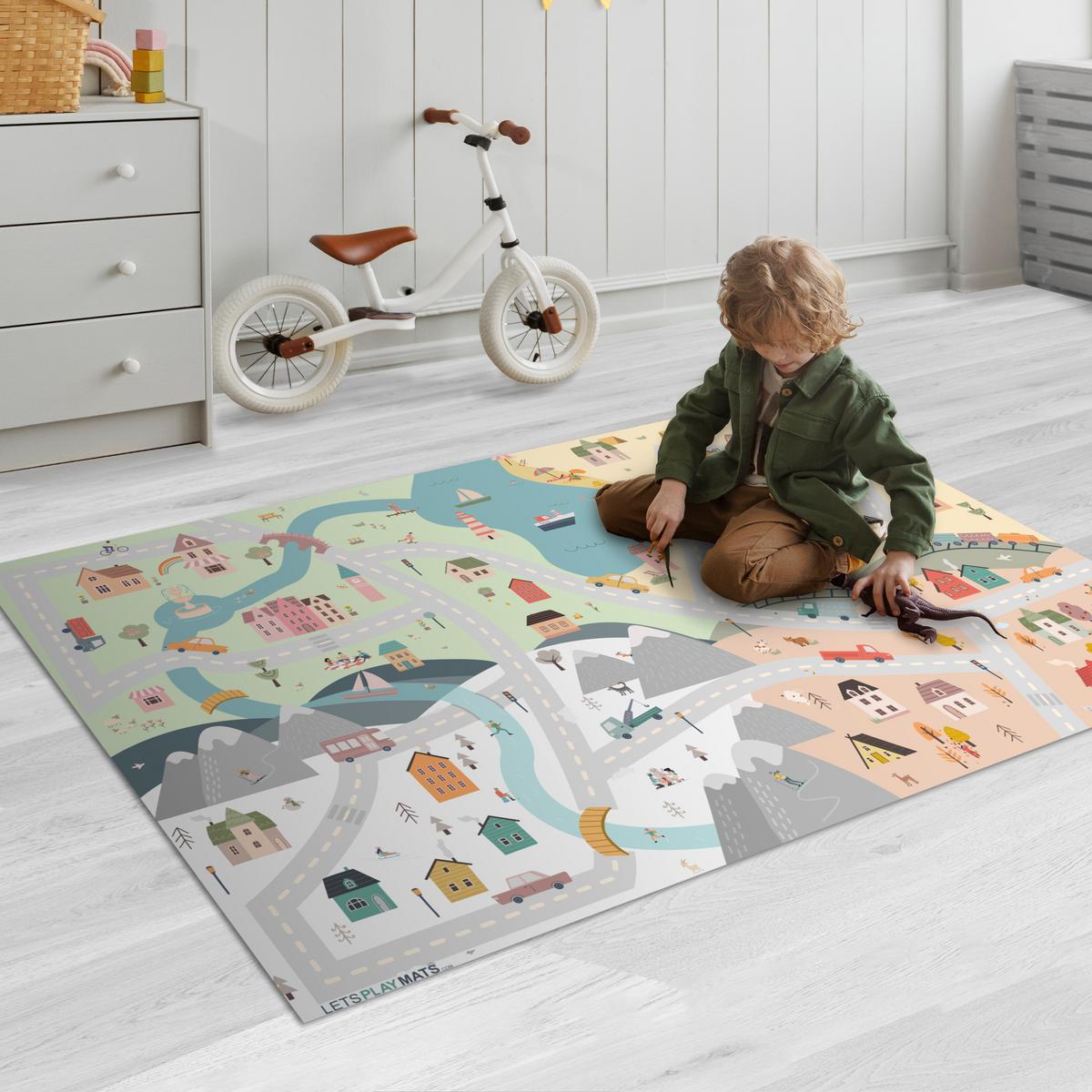 KINDERTEPPICH Jahreszeiten - Stadt - Häuser - Straße - Kinder - Auto Spielmatte 135x90 cm - Multicolor, Kunststoff (135/0.3cm) - OnlyWow
