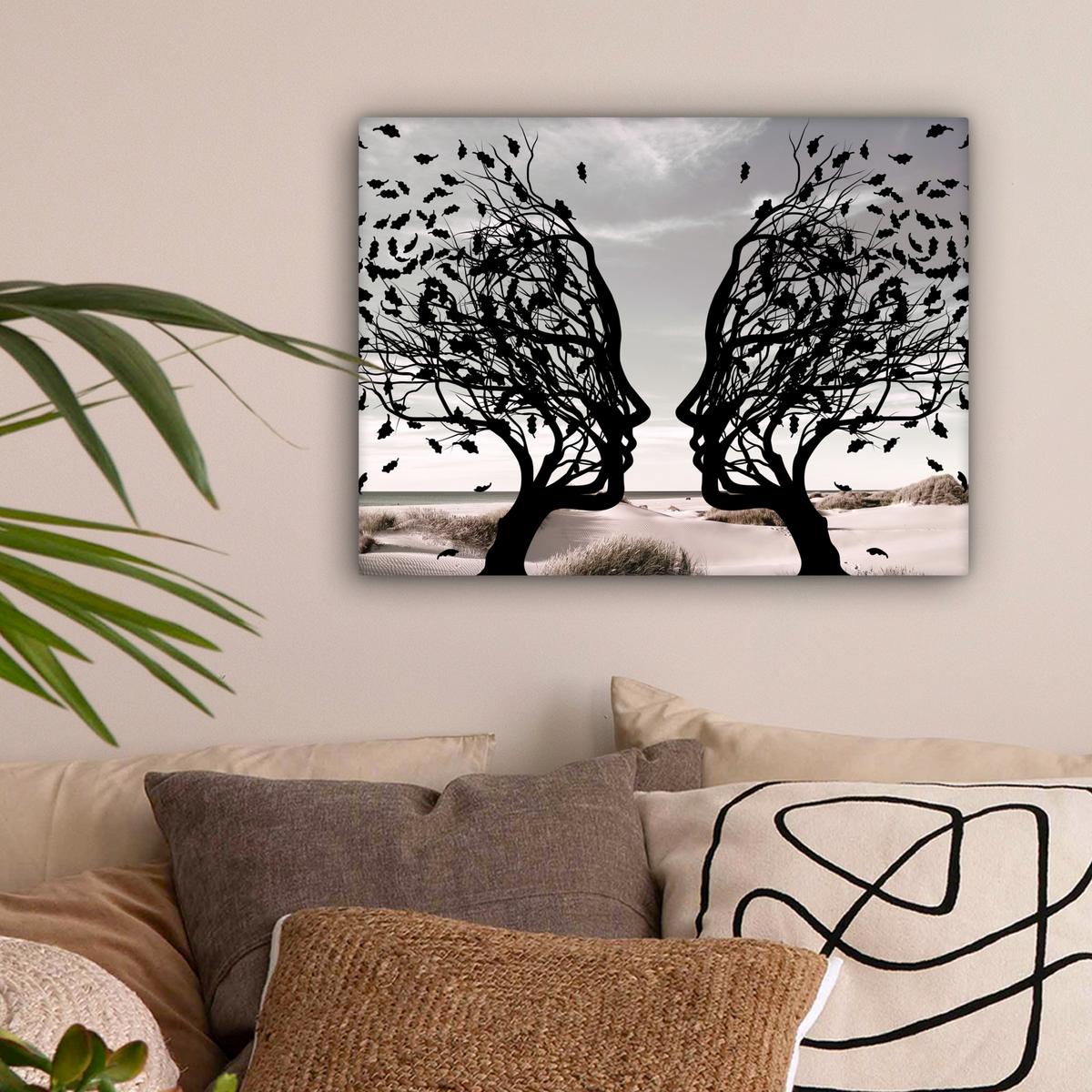 LEINWANDBILD Strand - Meer - Menschen - Baum - Moderne Kunst Wandbild 40x30 cm - Hellgrau, Textil (40/30cm) - MuchoWow