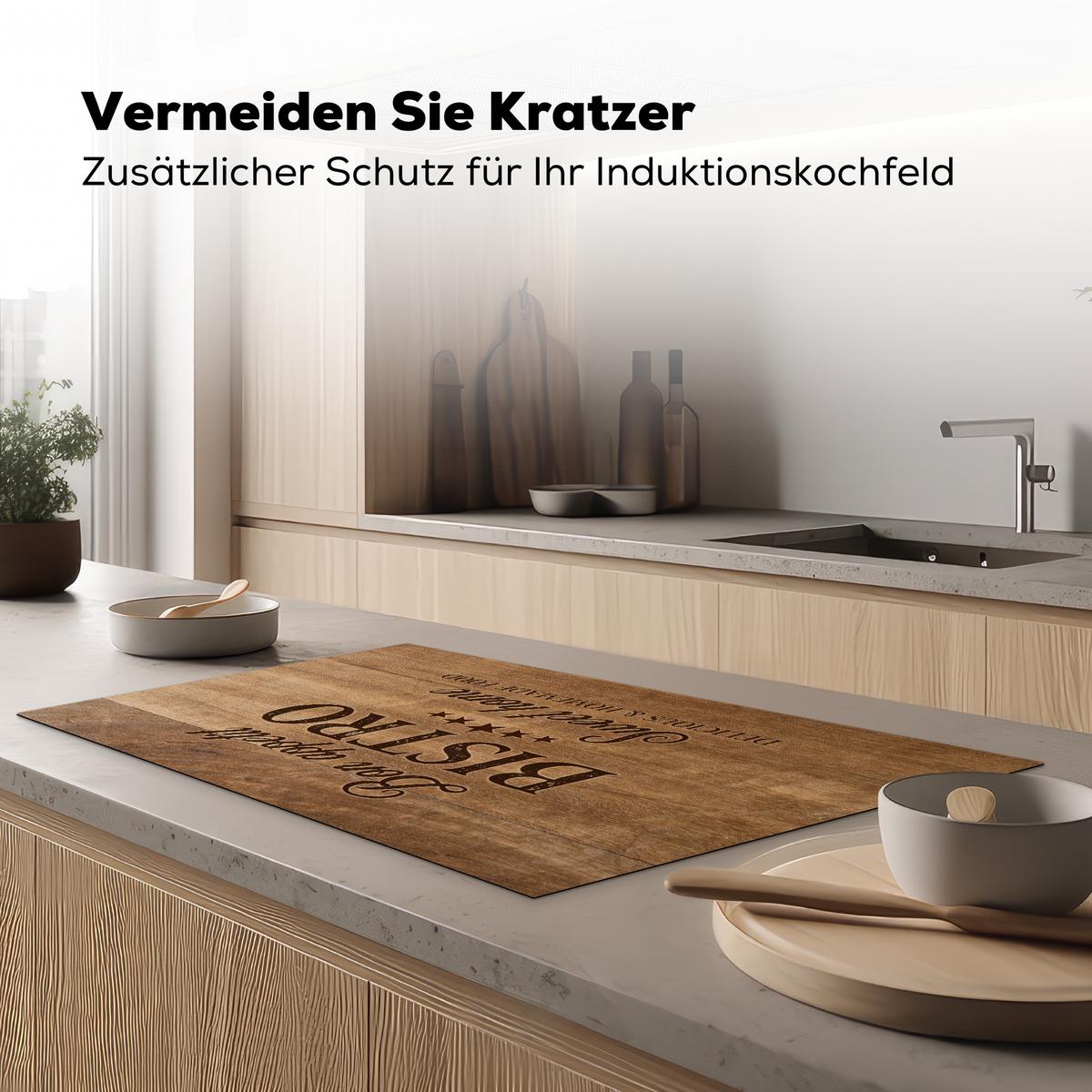 HERDABDECKPLATTE Zitat - Bistro - Guten Appetit - Süßes Zuhause - Holzmaserung Induktionsschutz 91.6x52.7 cm - Braun, Kunststoff (91.6/52.7/0.2cm) - MuchoWow