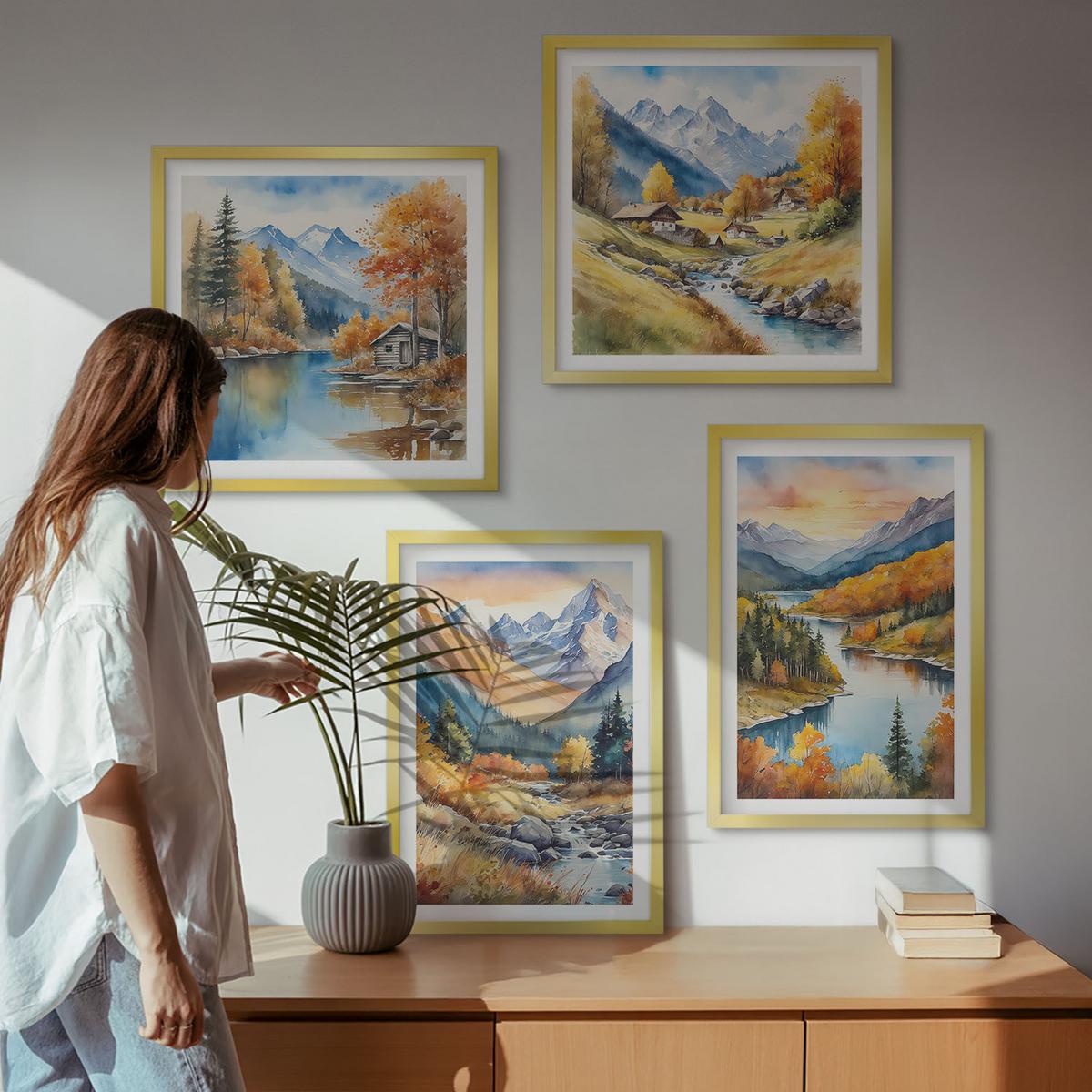 BILDER SET 4er Set - 50x50 cm & 40x60 cm Goldrahmen - Berglandschaft mit einem Fluss - Goldfarben, Kunststoff (50/50cm) - TULUP