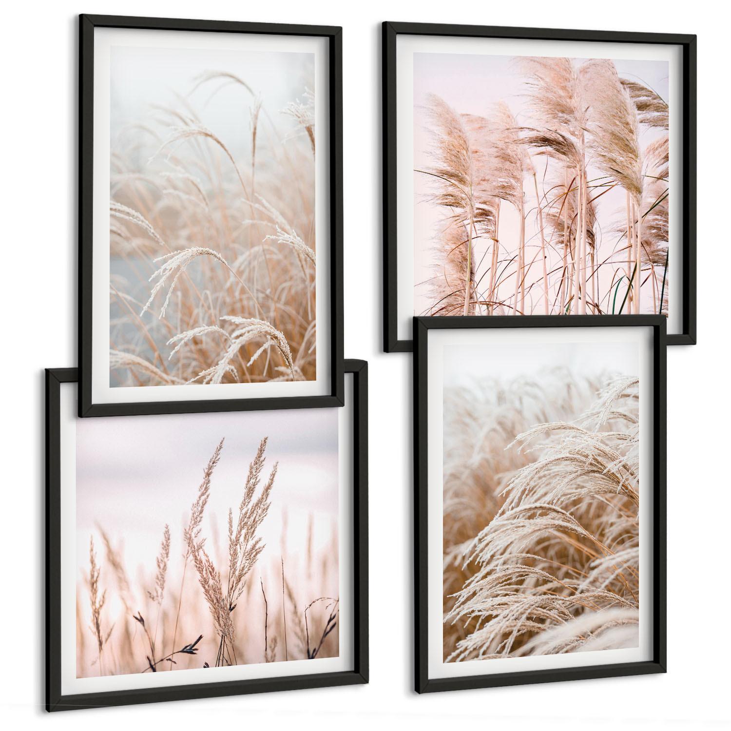 BILDER SET 4er Set - 50x50 cm & 40x60 cm Schwarzer Rahmen - Grasfelder in Braun- und Beigetönen - Schwarz, Kunststoff (50/50cm) - TULUP