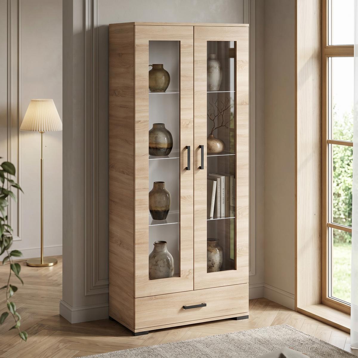 VITRINENSCHRANK ALBANO 186 x 80 cm Sonoma Eiche - Sonoma Eiche, Holzwerkstoff (80/186/40cm) - MASSENO