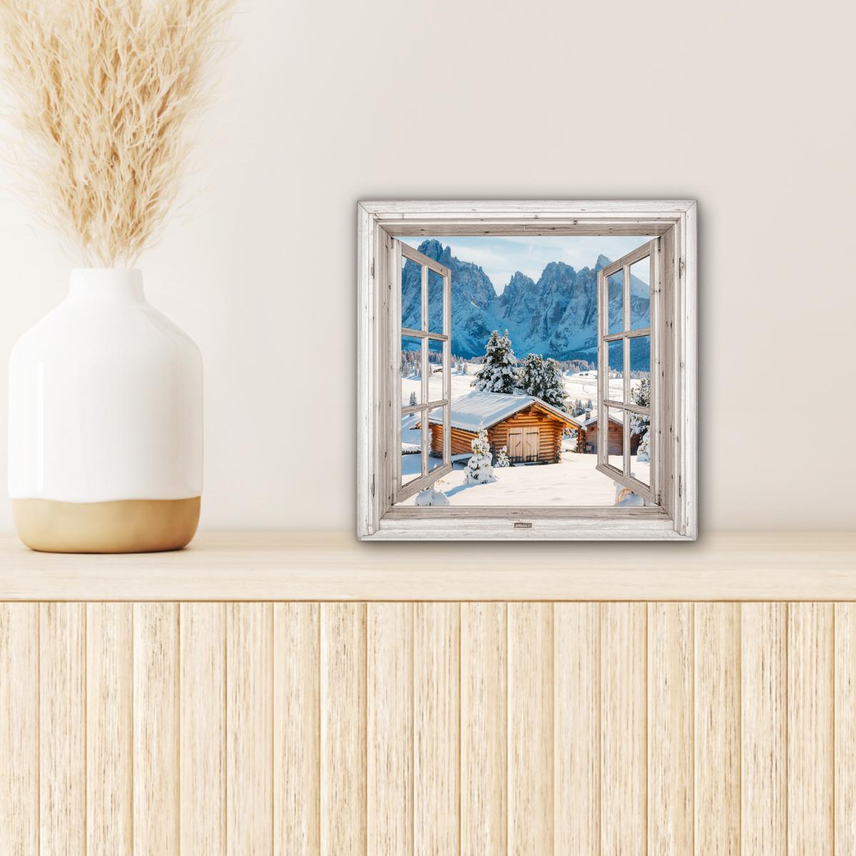 LEINWANDBILD Winterlandschaft - Hütte - Berge - Ausblicke - Aussicht - Natur Deko Wohnzimmer 20x20 cm - Weiß Hochglanz, Textil (20/20cm) - MuchoWow