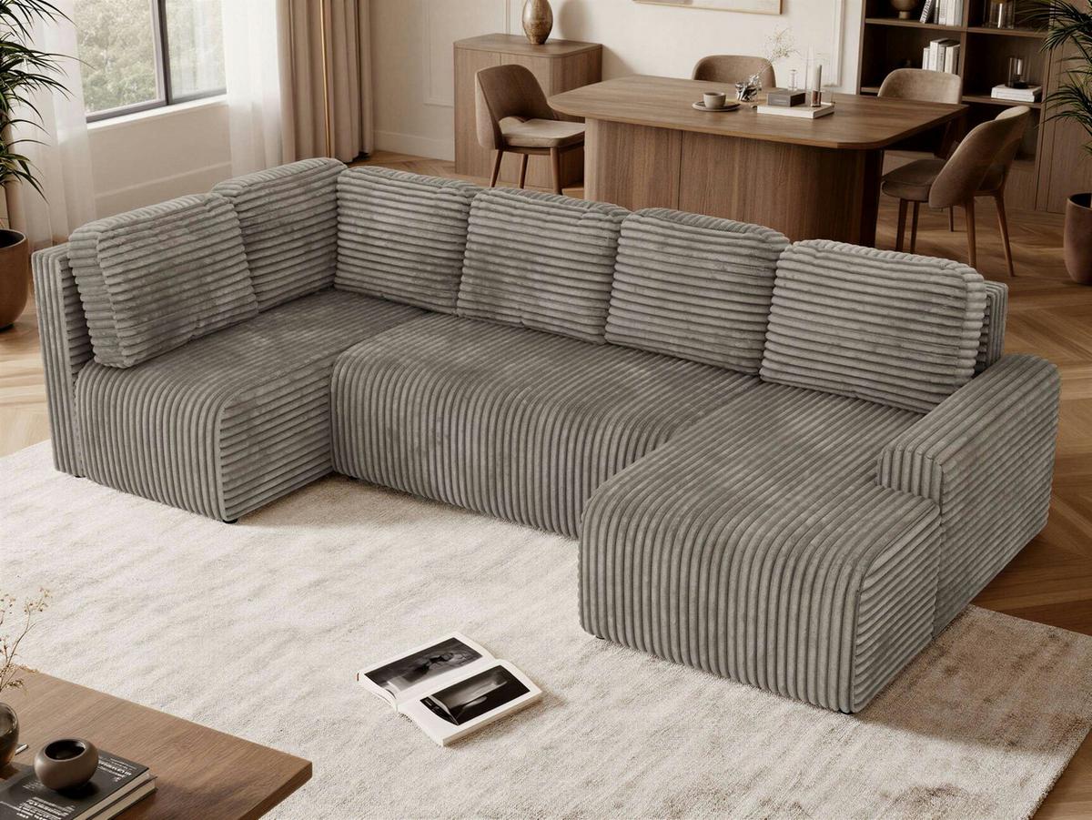 WOHNLANDSCHAFT NESSARO COR U Hellbraun Cord - Links Seite - Hellbraun/Schwarz, Kunststoff/Textil (307/92/151cm) - MKS