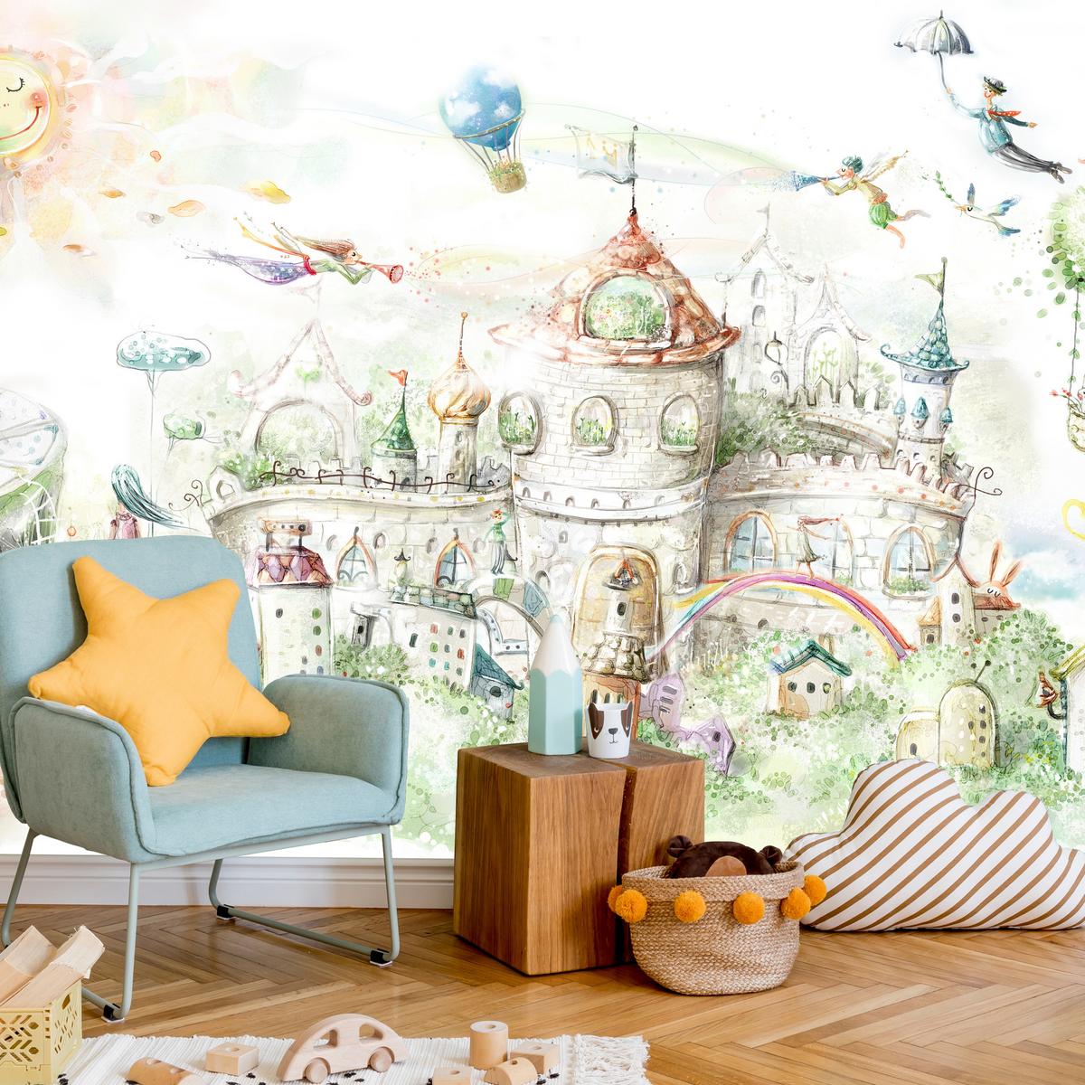 FOTOTAPETE für Kinderzimmer Märchenstadt Schloss Magisch 400x280 - Blau/Gelb, Papier (400/280cm) - Muralo