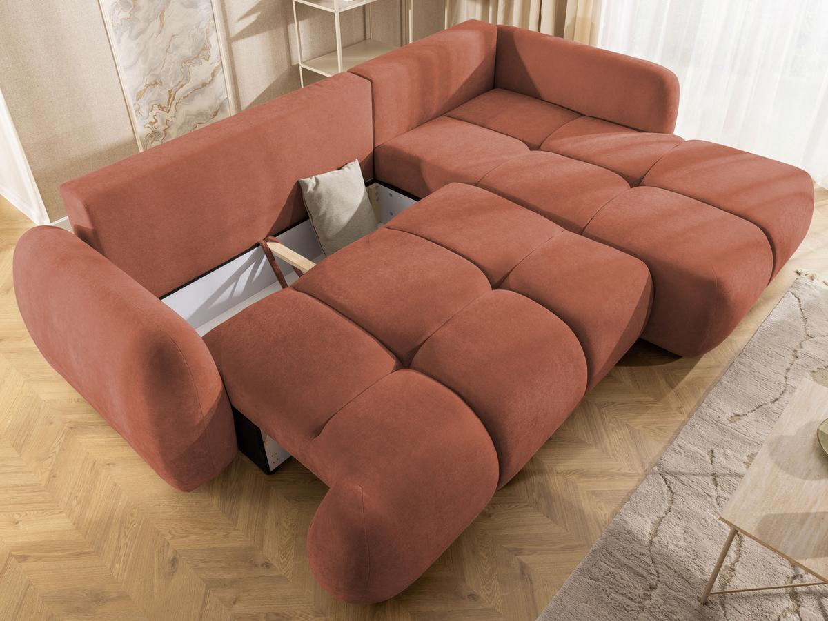 ECKSOFA Loretto aus natürlichem Terrakotta Webstoff mit Schlaffunktion, Bettkasten und tiefen Steppungen in Bubble-Optik - Terracotta/Schwarz, Holz/Kunststoff (275/180cm) - S-Style