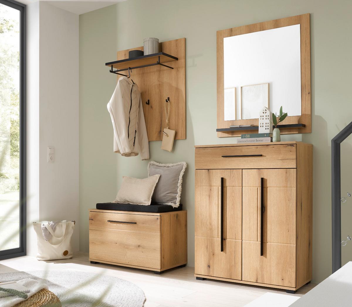 GARDEROBEN-SET Evoke Eiche 5-teilig 170 cm, Flurgarderobe mit Soft-Close - Dunkelgrau/Eichefarben, Glas/Holzwerkstoff (170/200/40cm) - Furn.Design