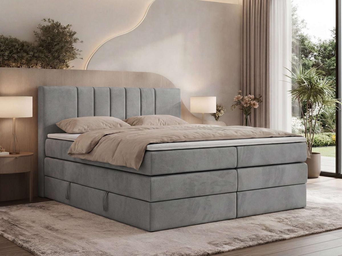 BOXSPRINGBETT INERO KING 140/200 - Hellgrau Velvet - Topper T25 - H3 - Hellgrau/Schwarz, Kunststoff/Textil (140/200cm) - MKS