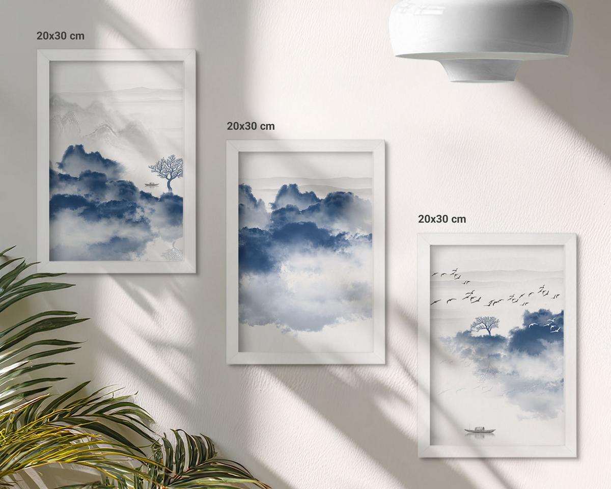 BILDER SET 3er Set - 20x30 cm Weißer Rahmen - Berge, Wolken, Bäume, Vögel - Weiß, Kunststoff (20/30cm) - TULUP