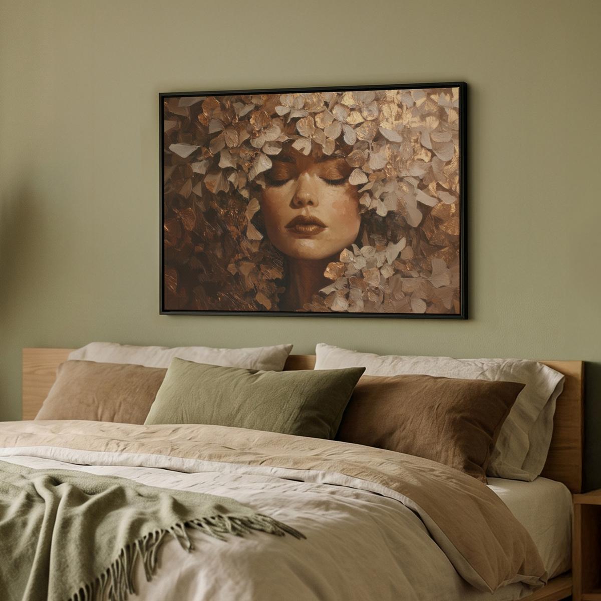 LEINWAND Bilder mit Rahmen - Gesicht - Dame - Blätter - Pinselstriche - 70x50 - Goldfarben, Textil (70/50cm) - MuchoWow