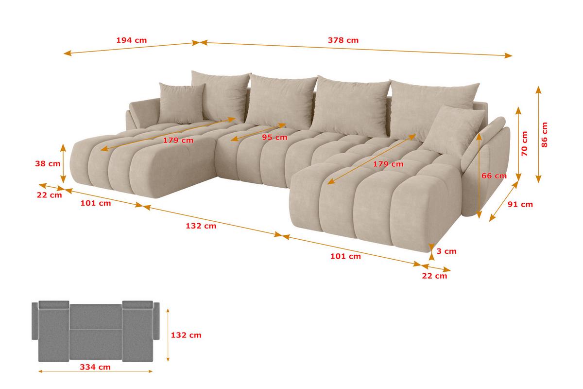 WOHNLANDSCHAFT mit Schlaffunktion und Bettkasten TOKO-U-v1 378x194x86 Beige Velours - Schwarz/Sahara, Holzwerkstoff/Kunststoff (378/86/194cm) - ALTDECOR