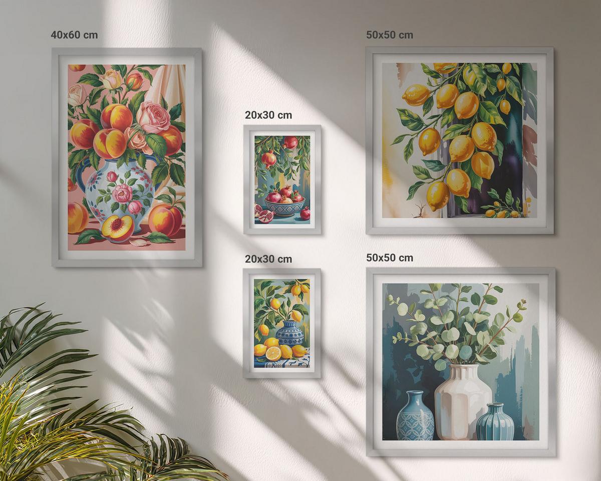 BILDER SET 5er Set - 50x50 cm & 20x30 cm & 40x60 cm Silberner Rahmen - Amalfi-Zitronen und -Orangen - Silberfarben, Kunststoff (40/60cm) - TULUP