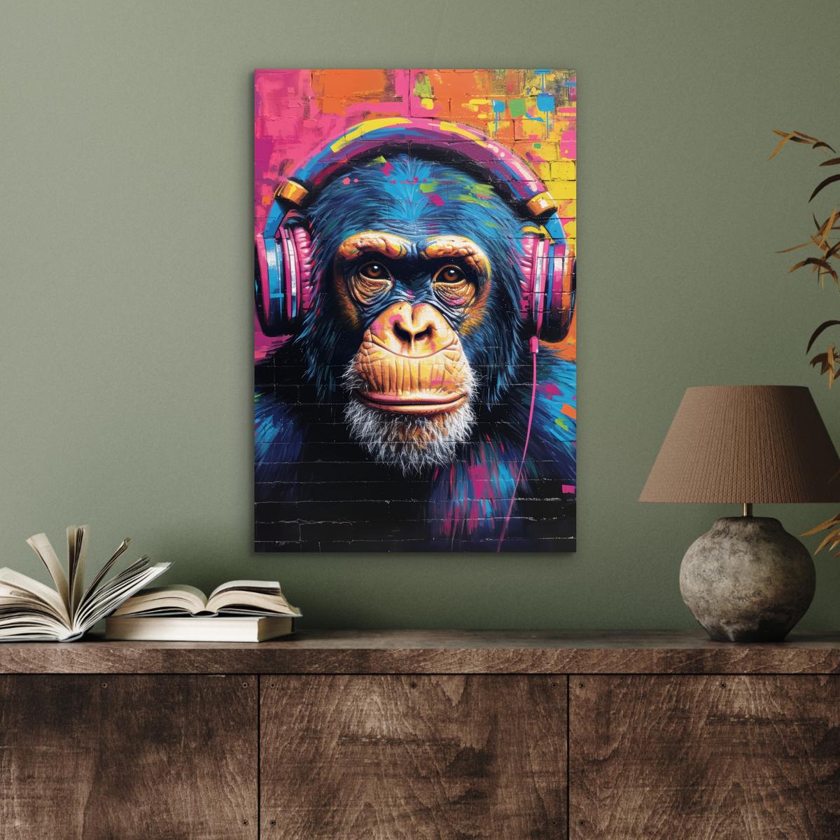 METALLBILD Graffiti - Schimpanse - Straßenkunst - Kopfhörer - Affe Deko Schlafzimmer 40x60 cm - Blau, Metall (40/60cm) - MuchoWow