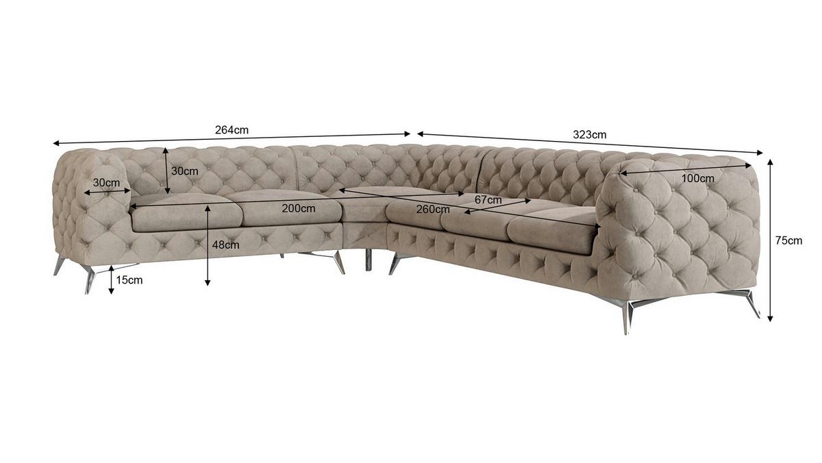 ECKSOFA Chesterfield Laura Dunkle Creme Samt - Silberfarben/Creme, Holz/Textil (323/264cm) - S-Style Möbel