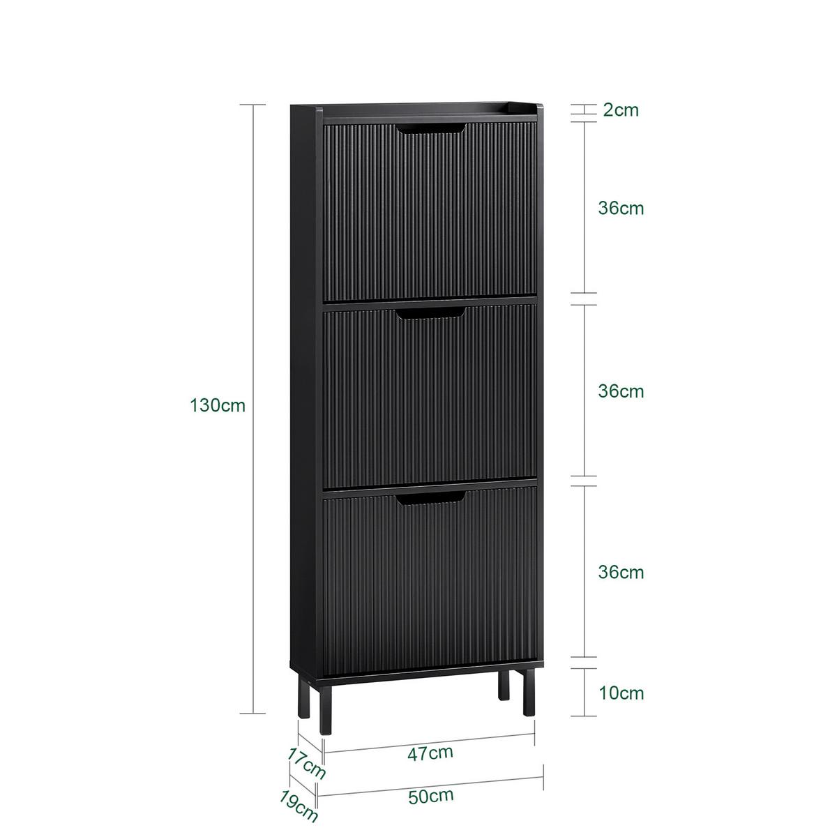 SCHUHSCHRANK mit 3 Klappen schmal 50x130x19cm Schwarz - Schwarz, Holzwerkstoff/Metall (50/130/19cm) - SoBuy