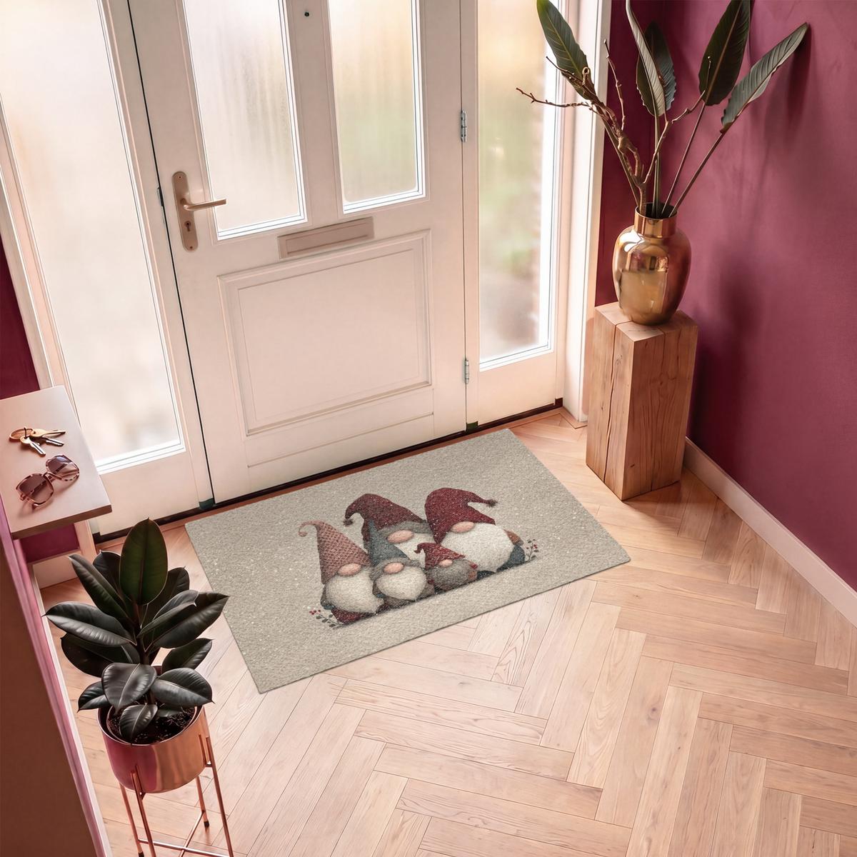 FUSSMATTE Wichtel - Weihnachten - Schnee - Zipfelmützen Türmatte 120x80 cm - Beige, Kunststoff (120/0.4cm) - MuchoWow
