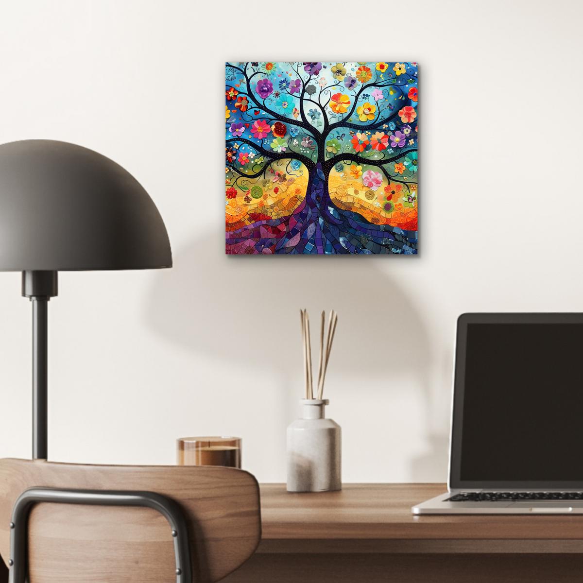 METALLBILD Kunst - Baum des Lebens - Blumen - Hippie 20x20 cm - Dunkelblau, Metall (20/20cm) - MuchoWow