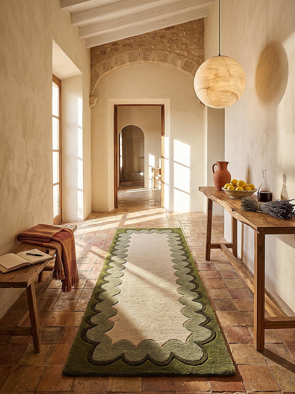 TEPPICHLÄUFER handgetuftet WAVENEY, Zickzack-Wellenbordüre, Olivgrün, 80 x 230 cm - Grün, Textil (80/230cm) - KADIMA DESIGN