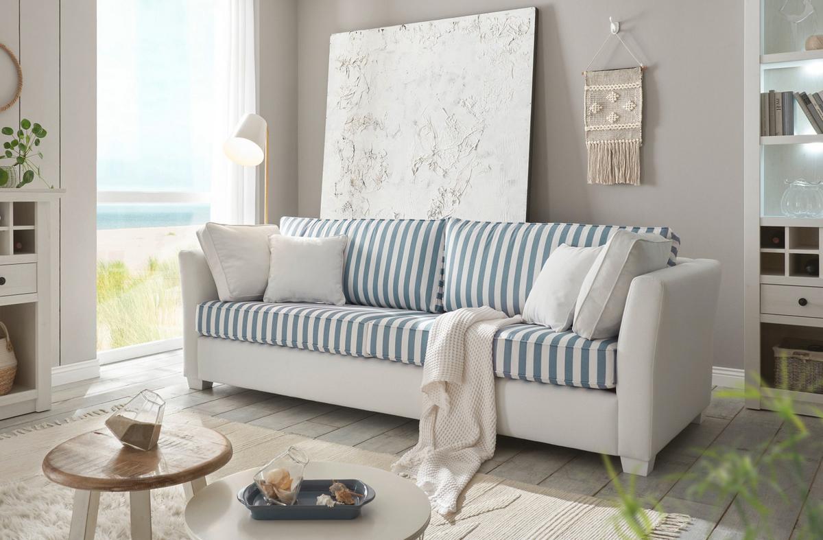 SOFA 3-Sitzer creme blau gestreift, Landhaus 240 cm, Couch inklusive Kissen - Blau/Creme, Holz/Textil (240/88/96cm) - Furn.Design