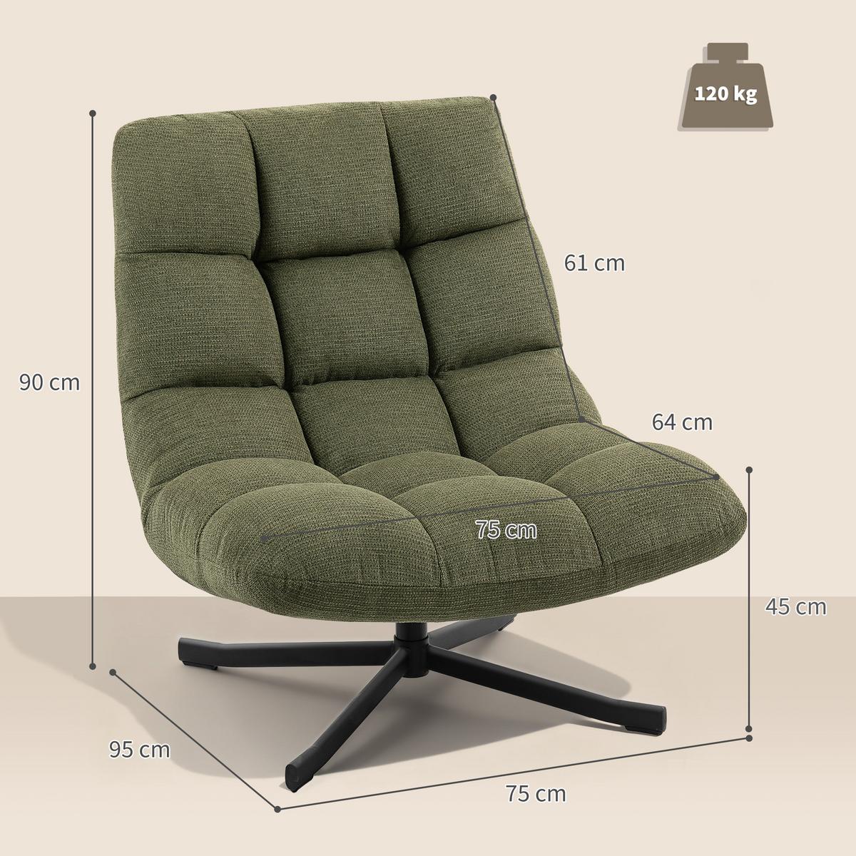 RELAXSESSEL Drehbar mit breiter Sitzfläche Chenille-Optik Grün - Schwarz/Grün, Textil/Metall (75/90/95cm) - HOMCOM