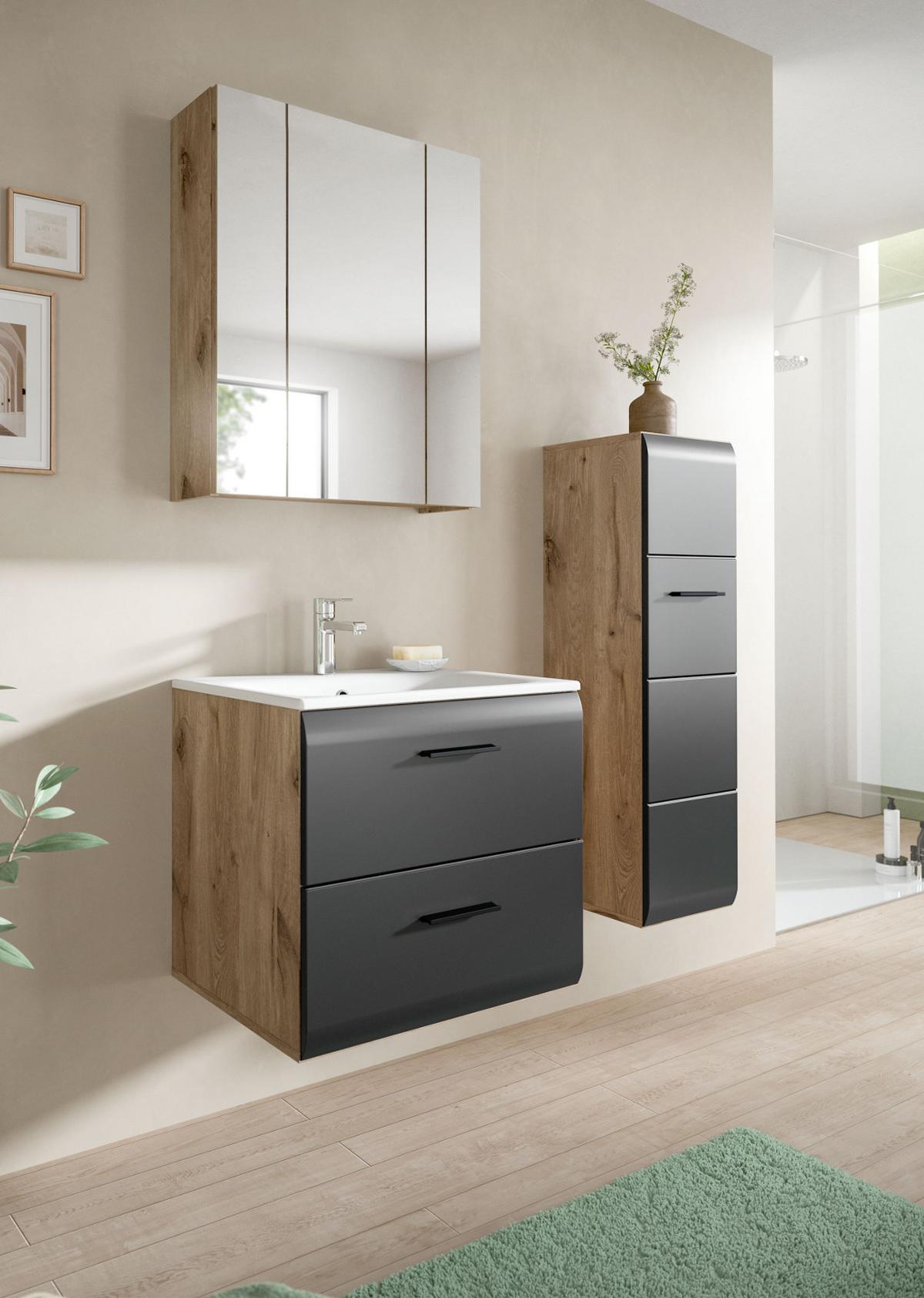 BADMÖBEL-SET schwarz matt, Eiche Nox, Badezimmer komplett mit Waschbecken 105 cm - Eichefarben/Schwarz, Glas/Holzwerkstoff (105/185/46cm) - Inn.Furn