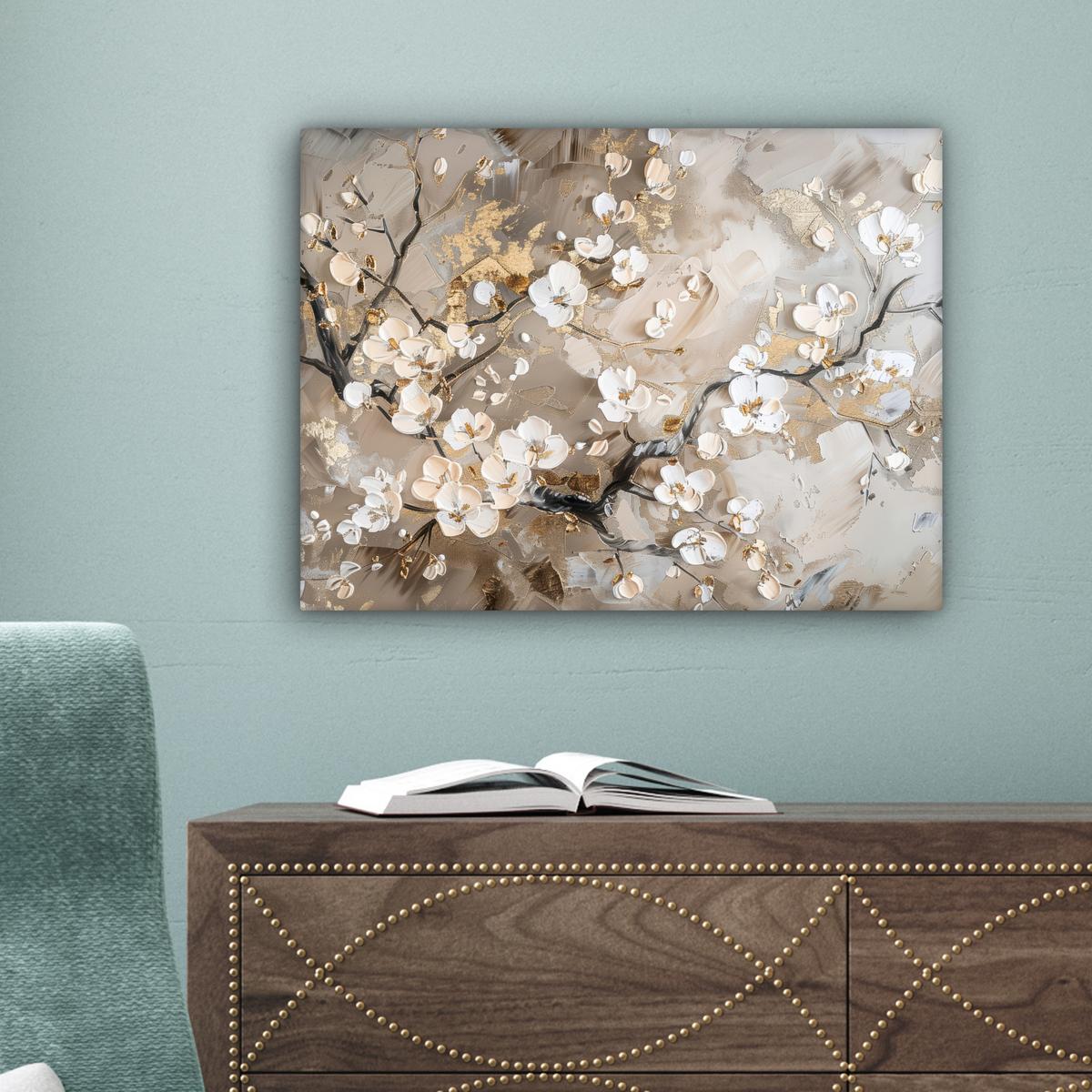 LEINWANDBILD Blumen - Weiß - Gold - Beige - Luxus Wandbild 40x30 cm - Greige, Textil (40/30cm) - MuchoWow
