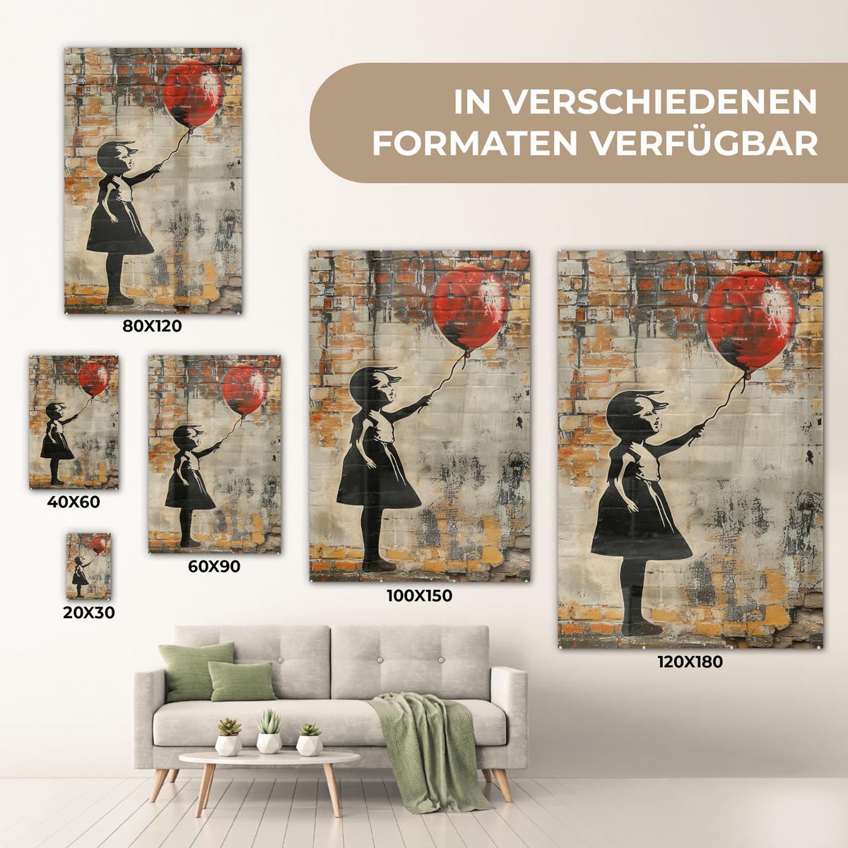ACRYLGLASBILD Graffiti - Banksy - Mädchen - Straßenkunst 80x120 cm - Sandfarben, Glas (80/120cm) - MuchoWow