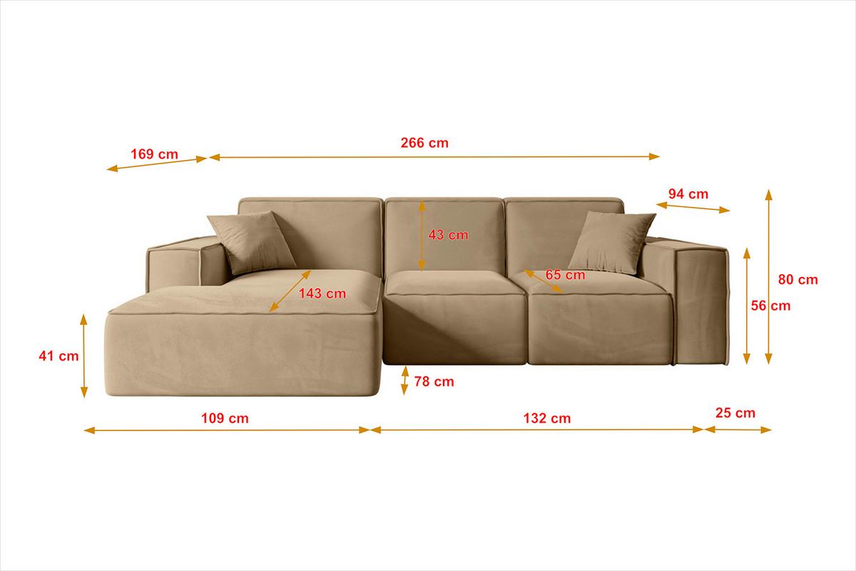 ECKSOFA Ottomane Links SERRA-L - 266x169x80 cm Beige Velours - Beige/Schwarz, Holzwerkstoff/Kunststoff (165/266cm) - ALTDECOR