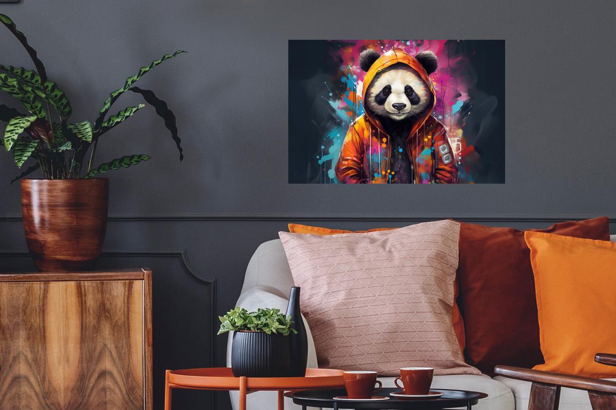 WANDTATTOO Panda - Jacke - Graffiti - Orange Deko Wohnzimmer 60x40 cm - Orange, Kunststoff (60/40/0.1cm) - MuchoWow