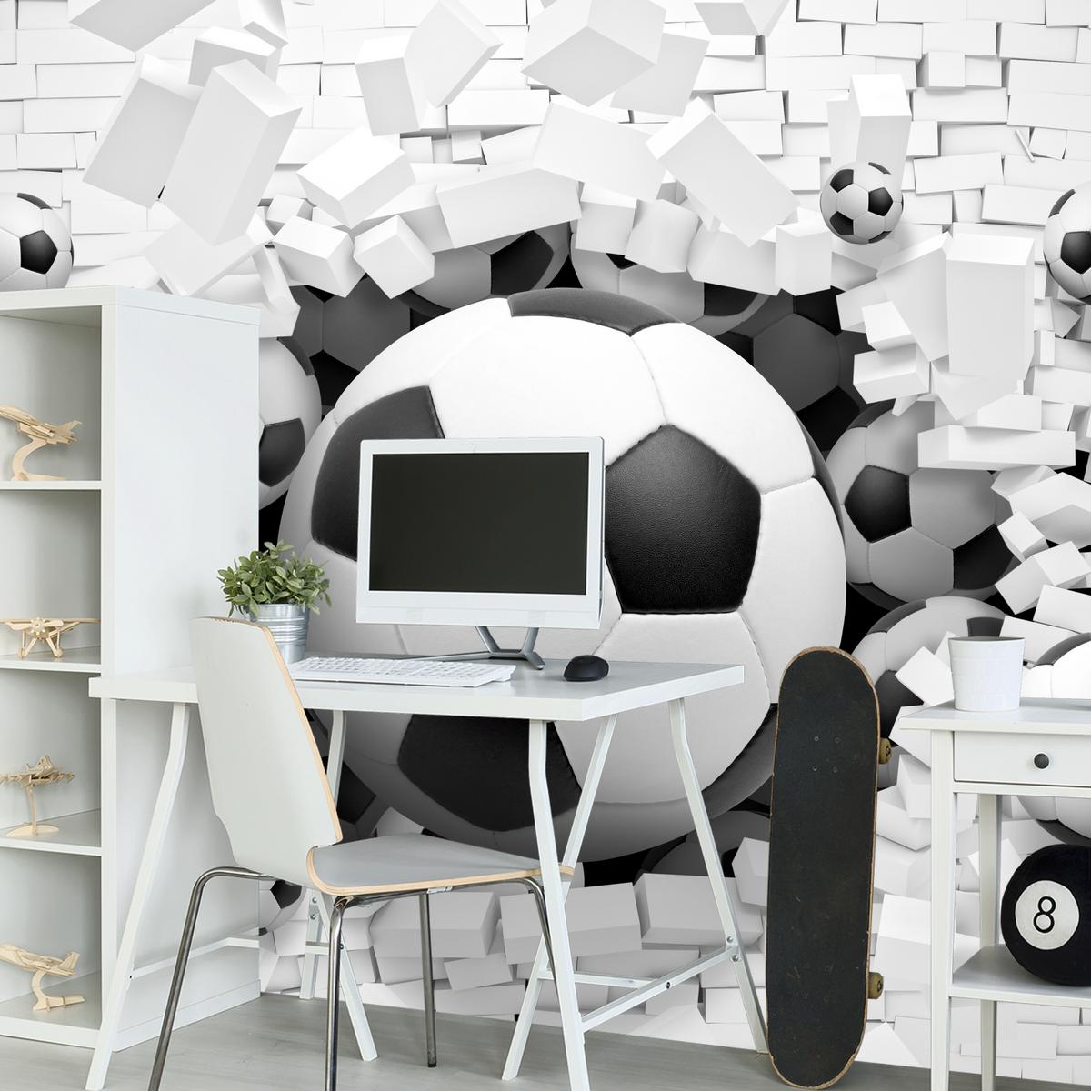 FOTOTAPETE für Jugendzimmer Fußbälle Weiße Ziegelwand Sport 250x175 - Schwarz/Weiß, Papier (250/175cm) - Muralo