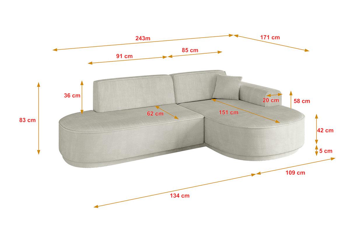 ECKSOFA Ottomane Rechts MARI-L1-v3 - 243x171x83 cm Creme Cord - Hellgrau/Creme, Holzwerkstoff/Kunststoff (171/243cm) - ALTDECOR