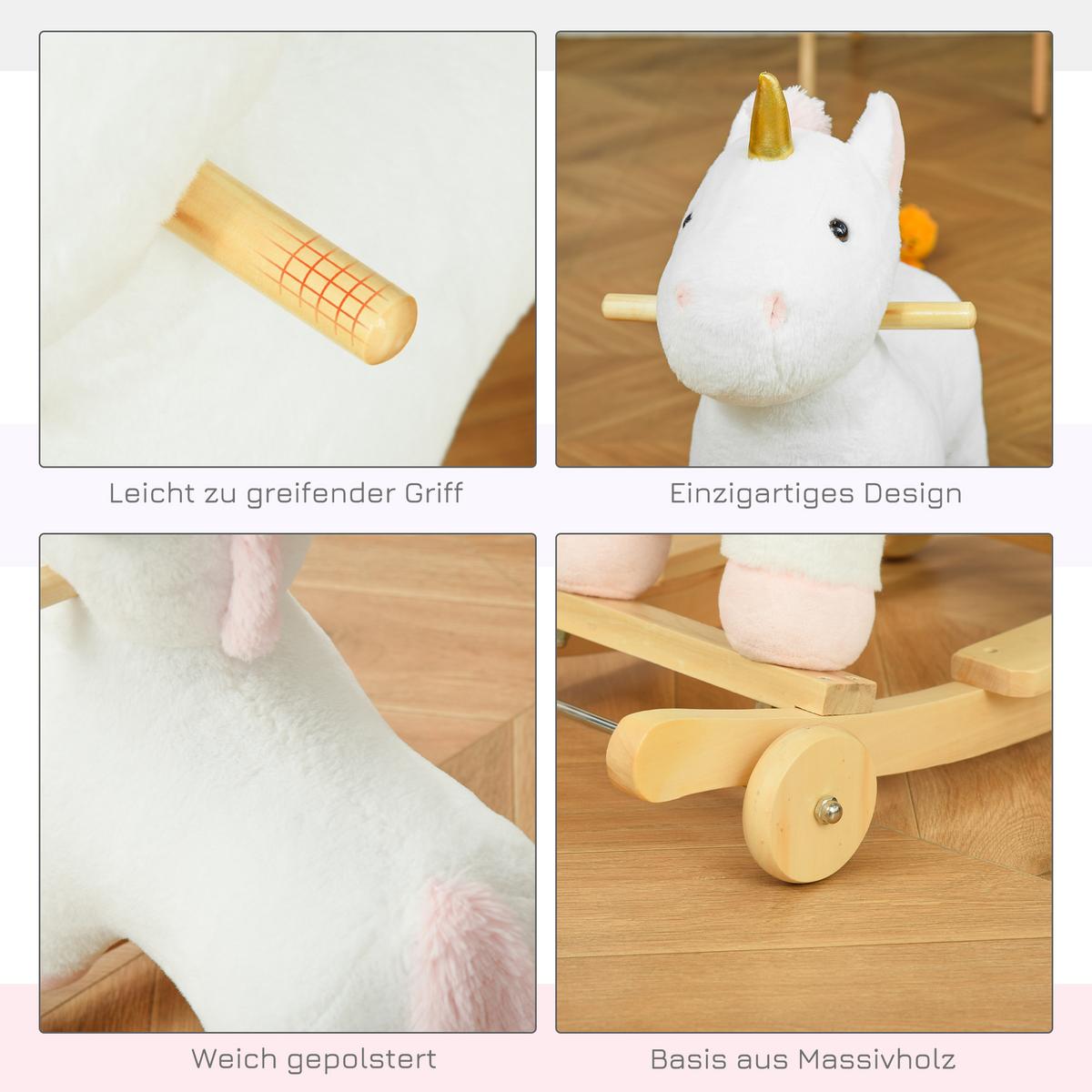 SCHAUKELPFERD 2-IN-1 Schaukeltier Babyschaukel Spielzeug Kinder Einhorn-Design - Weiß, Holz (38/63/63cm) - HOMCOM