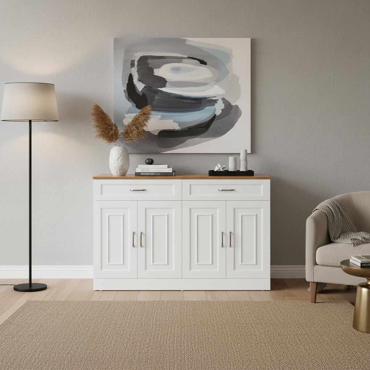 SIDEBOARD mit Regalen und Rebounder 4 Türen, 2 Schubladen, verstellbare Einlegeböden Natürliche Holzmaserung und Weiß - Weiß, Holzwerkstoff (120/81/35cm) - Urban Meuble