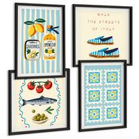 BILDER SET 4er Set - 50x50 cm & 40x60 cm Schwarzer Rahmen - Fruchtmuster und italienische Kultur - Schwarz, Kunststoff (50/50cm) - TULUP