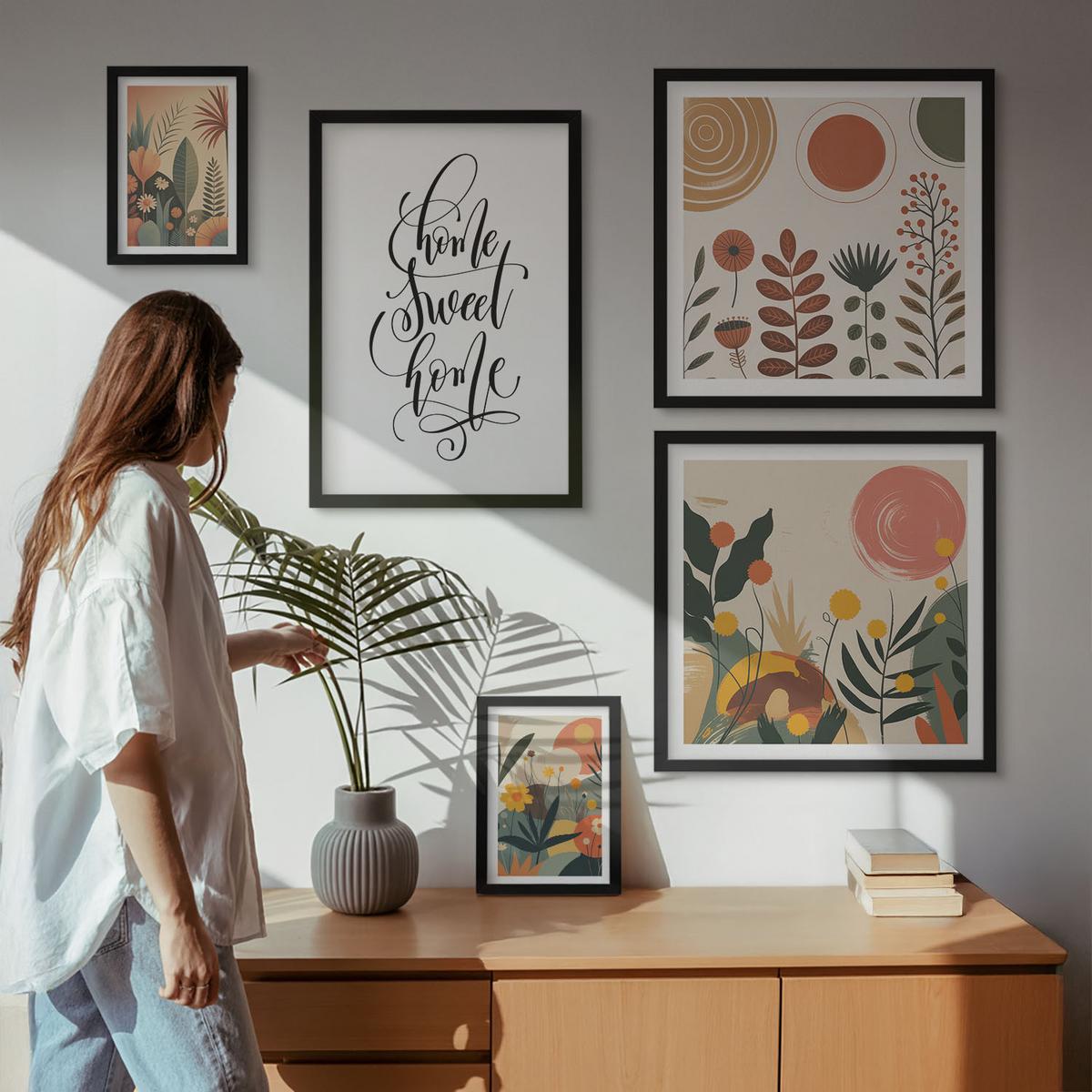 BILDER SET 5er Set - 50x50 cm & 20x30 cm & 40x60 cm Schwarzer Rahmen - Pastellfarbene Pflanzenmuster - Schwarz, Kunststoff (40/60cm) - TULUP