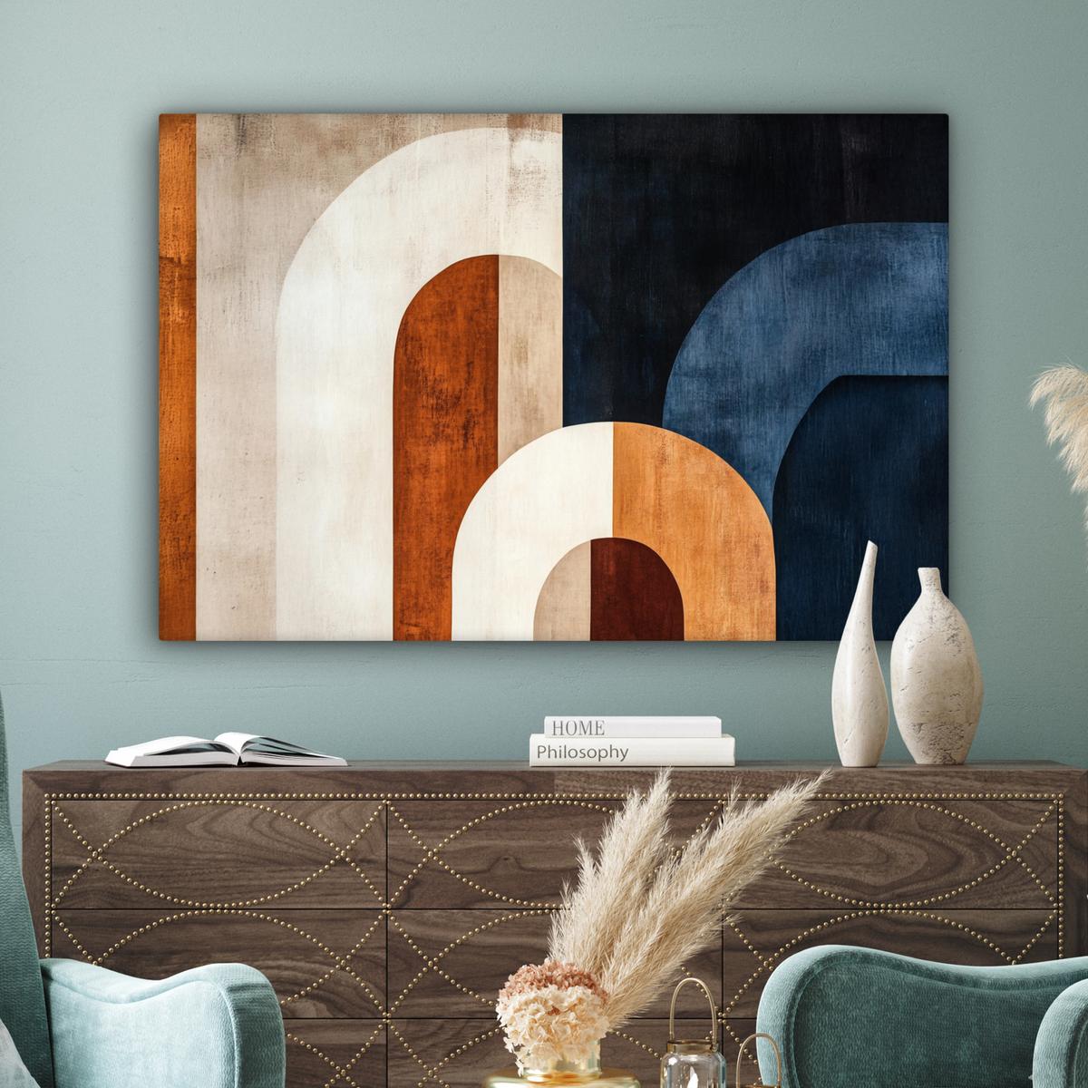 LEINWANDBILD Abstrakt - Formen - Dunkelblau Wohnzimmer Groß 120x80 cm - Cognac, Textil (120/80cm) - MuchoWow