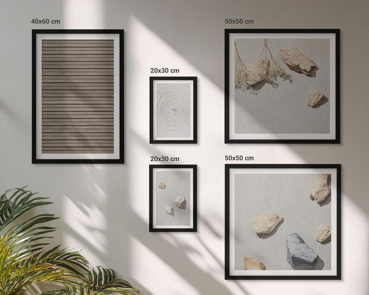 BILDER SET 5er Set - 50x50 cm & 20x30 cm & 40x60 cm Schwarzer Rahmen - Natürliche Texturen Holz Steine - Schwarz, Kunststoff (40/60cm) - TULUP